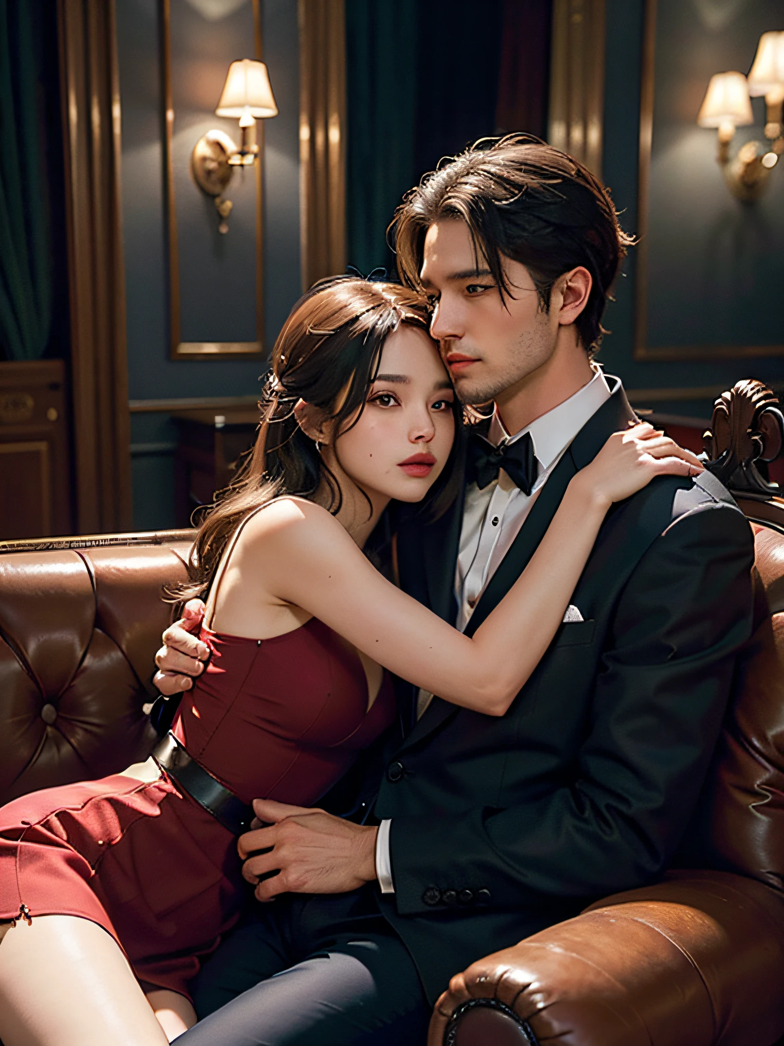 Top quality, masterpiece, ultra high resolution, (photorealistic: 1.4), (1 male, 1 female: 1.2), raw photos, dark cabaret club interior, (man and woman sitting on a high-class sofa enjoying excessive skinship: 2), (staring at each other: 1.5), , men and women in their 20s, hugs, kisses, (women are wearing luxurious and sexy party red dresses, men are in formal suits :1.2), perfect face, perfect body, perfect clothes, perfect anatomy, movie lighting, romantic indirect lighting, detailed and delicate drawing, gaze does not look at the front