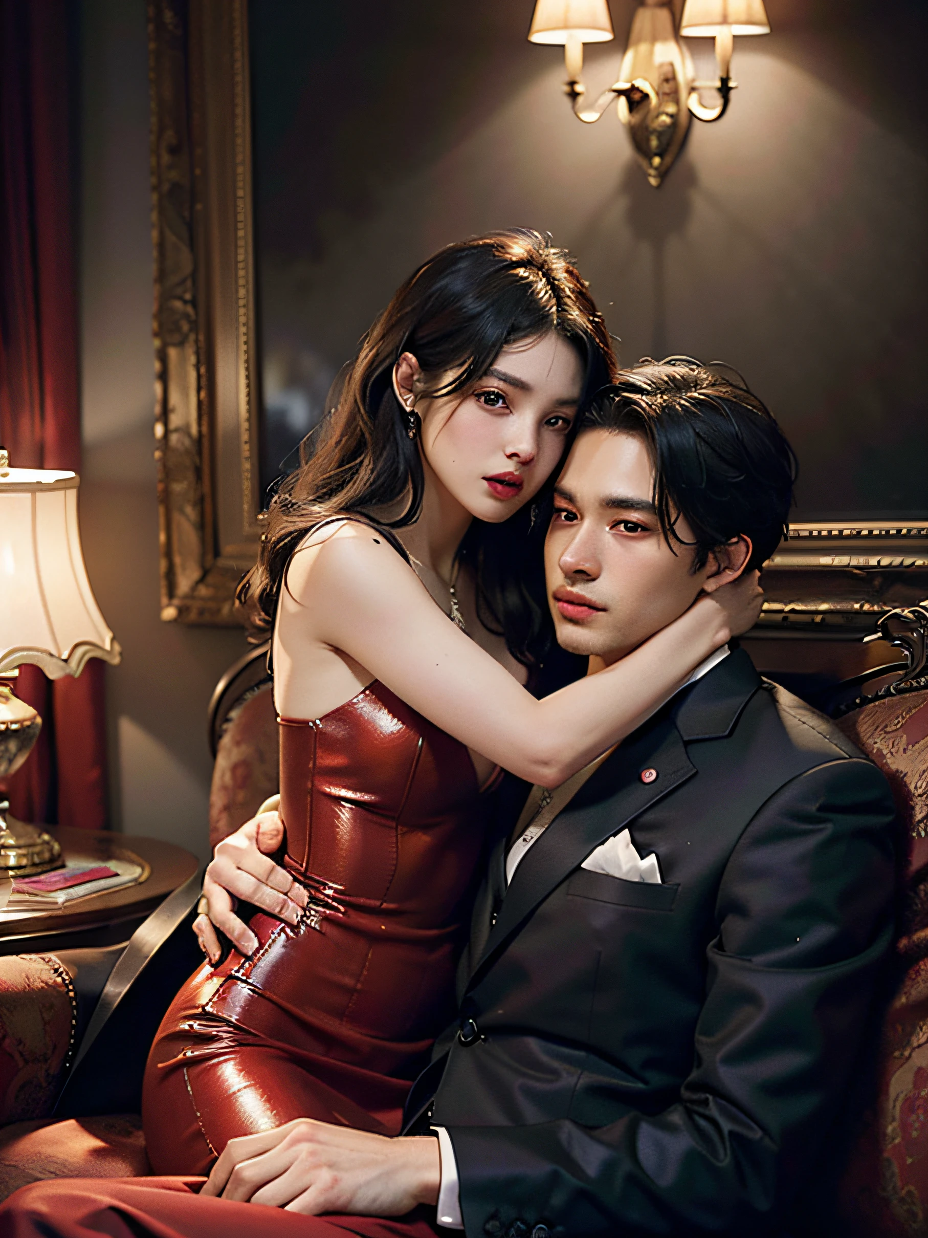 Top quality, masterpiece, ultra high resolution, (photorealistic: 1.4), (1 male, 1 female: 1.2), raw photos, dark cabaret club interior, (man and woman sitting on a high-class sofa enjoying excessive skinship: 2), (staring at each other: 1.5), , men and women in their 20s, hugs, kisses, (women are wearing luxurious and sexy party red dresses, men are in formal suits :1.2), perfect face, perfect body, perfect clothes, perfect anatomy, movie lighting, romantic indirect lighting, detailed and delicate drawing, gaze does not look at the front