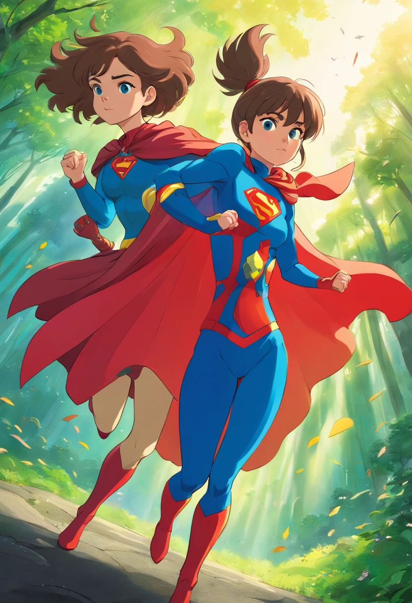 a cartoon illustration of a woman and a daughter on her back flying in a superhero costume, super-hero girl, supergirl, super powers, super heroes, super power, super merge, superheroes, super hero, superhero, superpowers, super model, next gen, superhero portrait, super hero art, super heroine costume, super rich, super strong, dc comics art style, hero