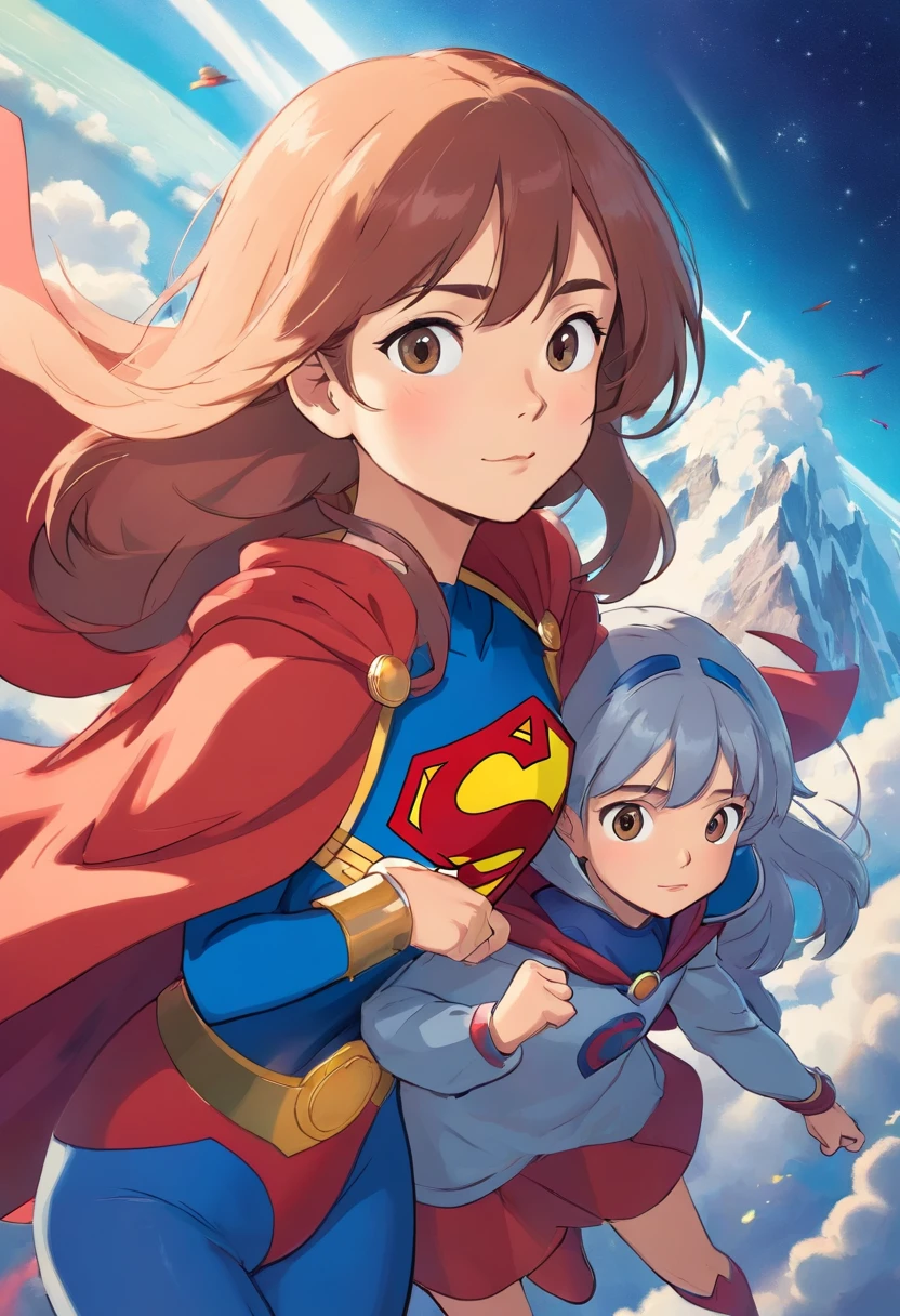 a cartoon illustration of a woman and a daughter in a superhero costume, super-hero girl, supergirl, super powers, super heroes, super power, super merge, superheroes, super hero, superhero, superpowers, super model, next gen, superhero portrait, super hero art, super heroine costume, super rich, super strong, dc comics art style, hero