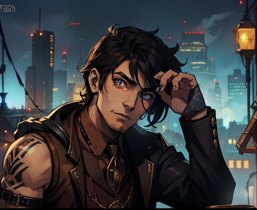 1 homem lindo com tattuagem Steampunk, An art for an RPG A non-human night city background