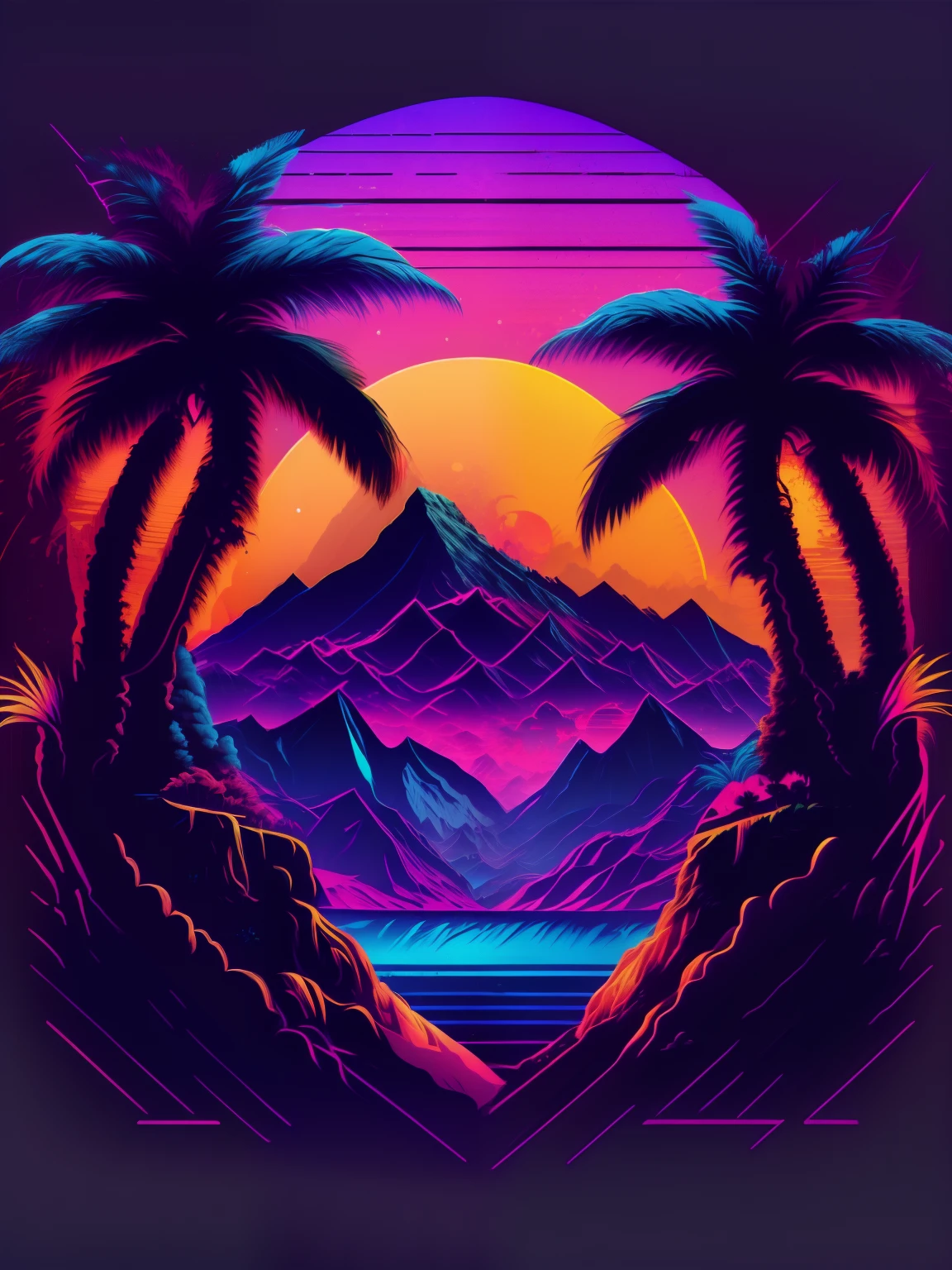 mountains, palm trees and sun, vectorized, synthwave, purple blue red orange, bright neon colors on a dark background,