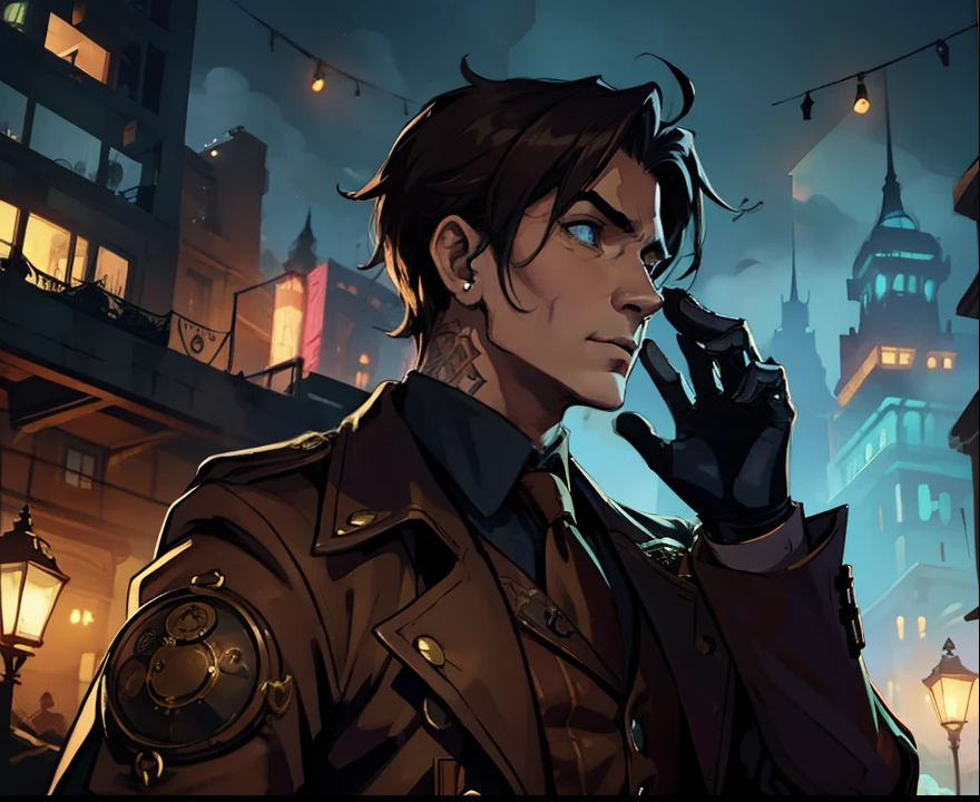 1 homem lindo com tattuagem Steampunk, An art for an RPG A non-human night city background