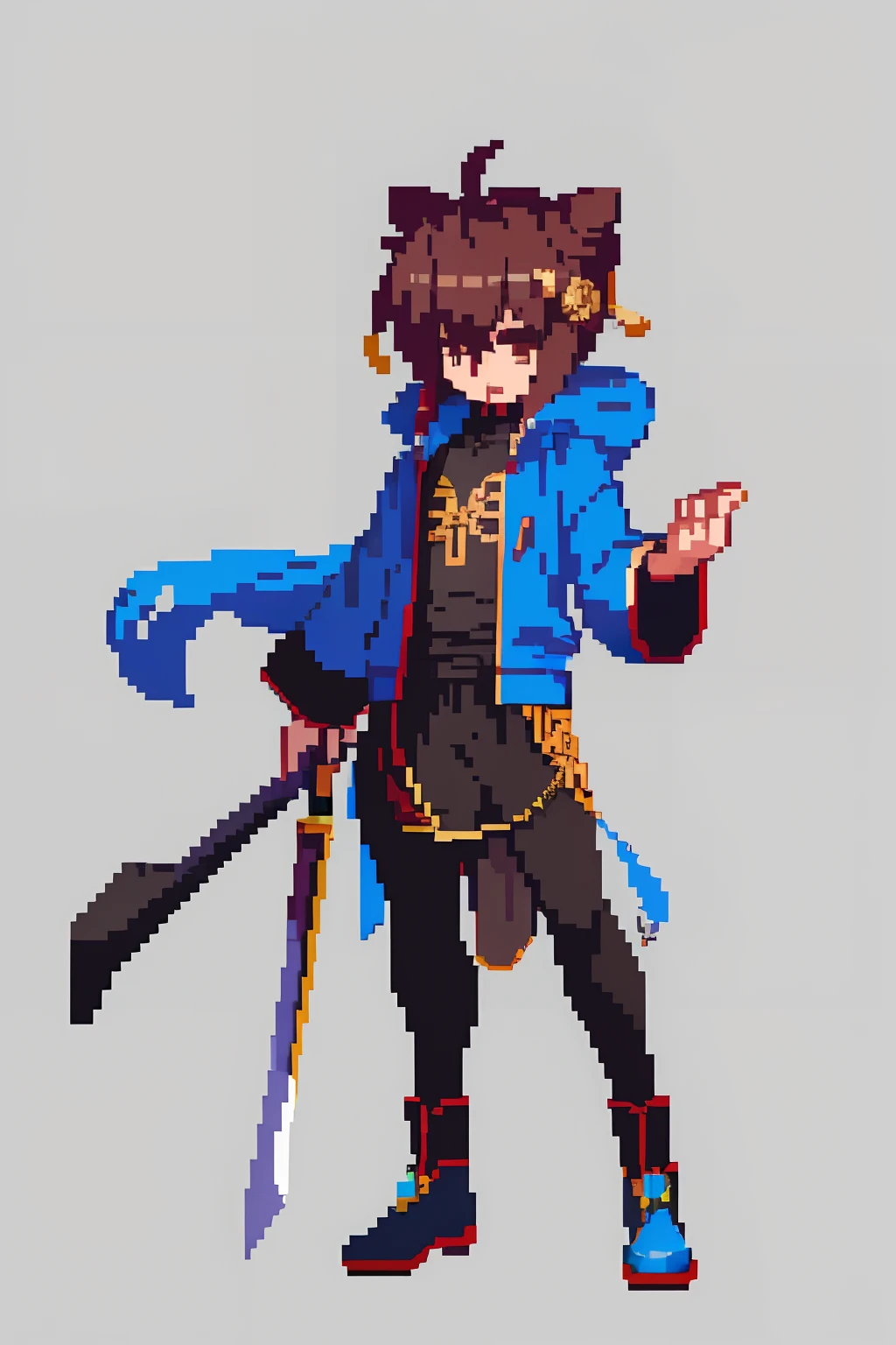 (tmasterpiece,top Quority,best qualtiy),pix,pixelart,shoun,male people,Taoist, Brown hair, black long sword,Tai Chi pattern,There is a bun,blue hairs,cloth shoes,Hooded jacket, chill out, It has a refined pixel style,It belongs to the game character design,The background color quality is relatively high,There are draft designs on the front and sides of the drawing