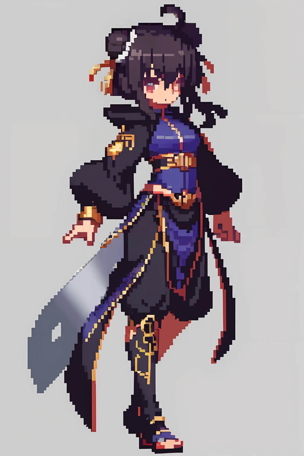 （tmasterpiece，top Quority，best qualtiy），pix，pixelart，shoun，male people，Taoist, Brown hair, black long sword,Tai Chi pattern,There is a bun，blue hairs，cloth shoes,Hooded jacket, chill out, It has a refined pixel style，It belongs to the game character design，The background color quality is relatively high，There are draft designs on the front and sides of the drawing