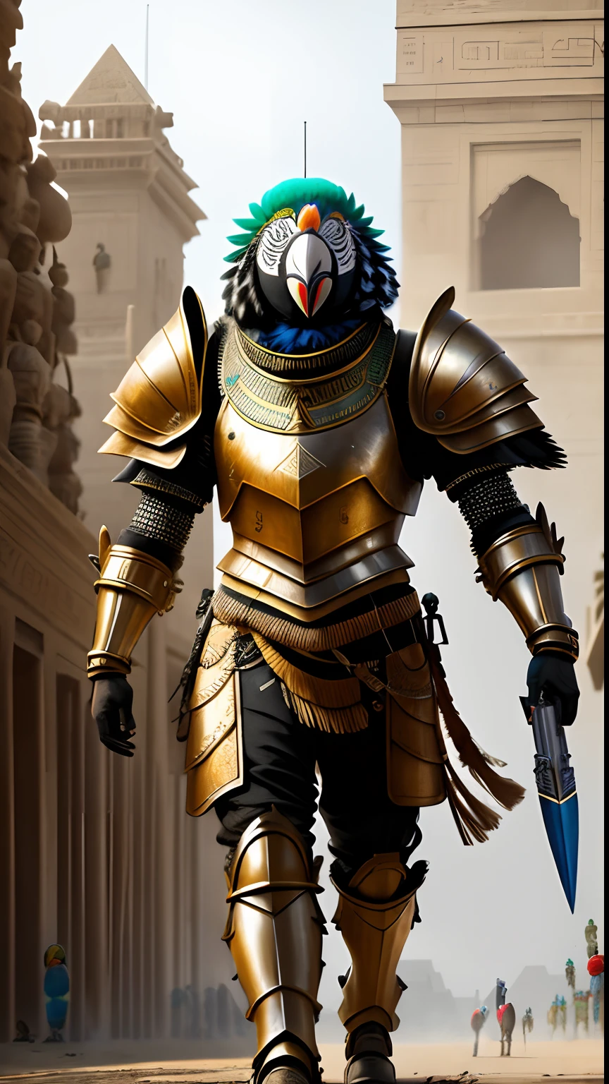 Animalrizz (( 2 parrots )) 10,holding a weapon, masterpiece, highres, Absurd,photorealistic portrait, Parley_armature,Egypt,Pyramids, Cute Robot Tiger,In armor ,Wear Parley_armature, Massive futuristic armor, running, move,