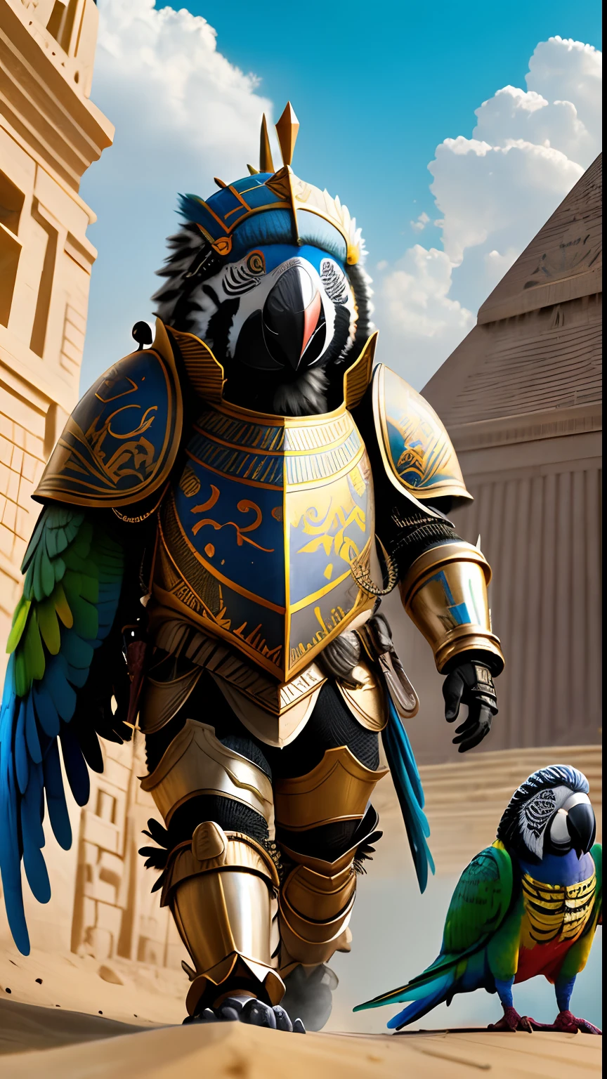 Animalrizz   (( 2 parrots )) 10,holding a weapon, masterpiece, highres, Absurd,photorealistic portrait, Parley_armature,Egypt,Pyramids, Cute Robot Tiger,In armor ,Wear Parley_armature, Massive futuristic armor, running, move,