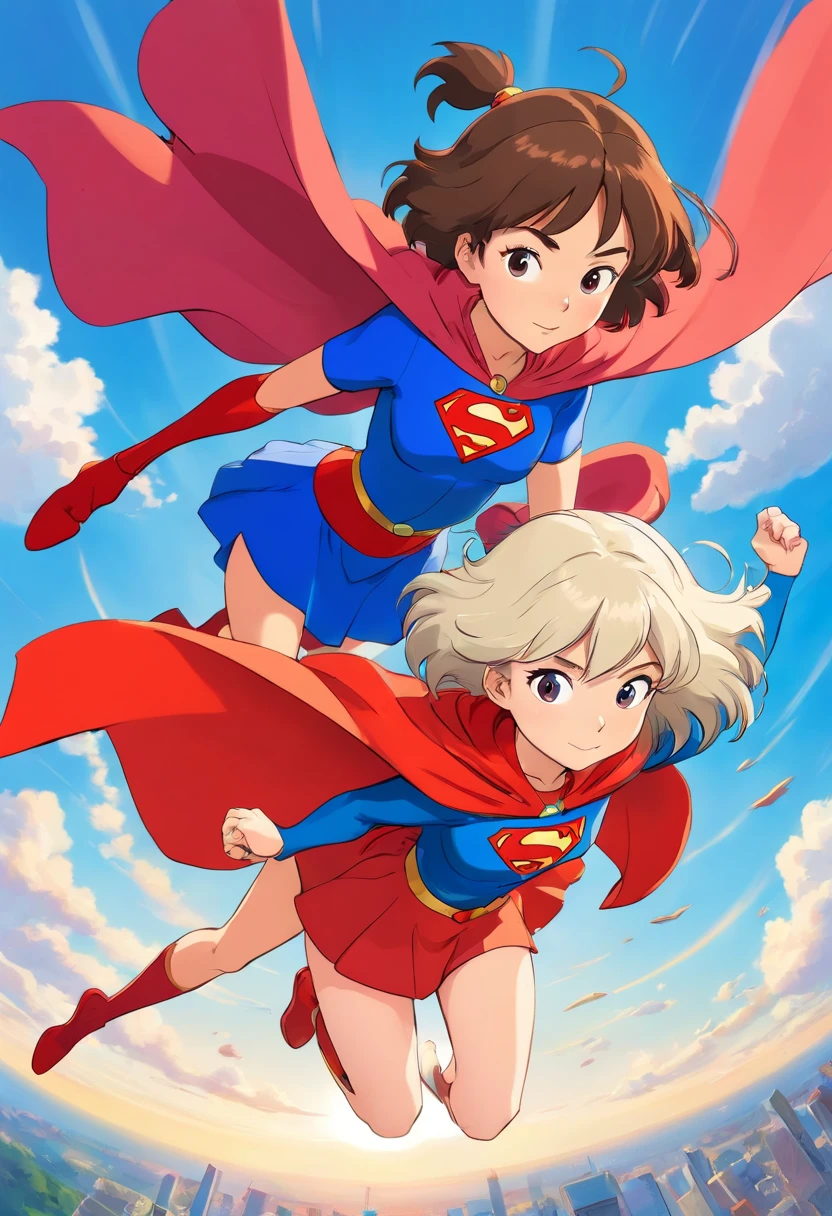 a cartoon illustration of a woman and a daughter on her back flying in a superhero costume, super-hero girl, supergirl, super powers, super heroes, super power, super merge, superheroes, super hero, superhero, superpowers, super model, next gen, superhero portrait, super hero art, super heroine costume, super rich, super strong, dc comics art style, hero