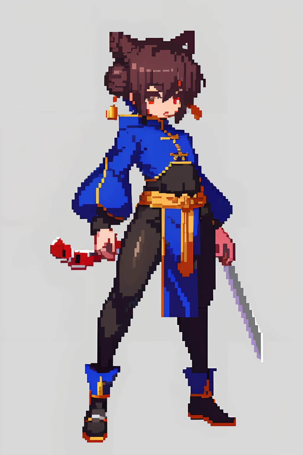 （tmasterpiece，top Quority，best qualtiy），pix，pixelart，shoun，Boy，male people，Taoist, Brown hair, black long sword,Tai Chi pattern,There is a bun，A bun，Taoist bun，blue hairs，Cloth shoes,jaqueta com capuz, chill out, It has a refined pixel style，It belongs to the game character design，The background color quality is relatively high，There are draft designs on the front and sides of the drawing