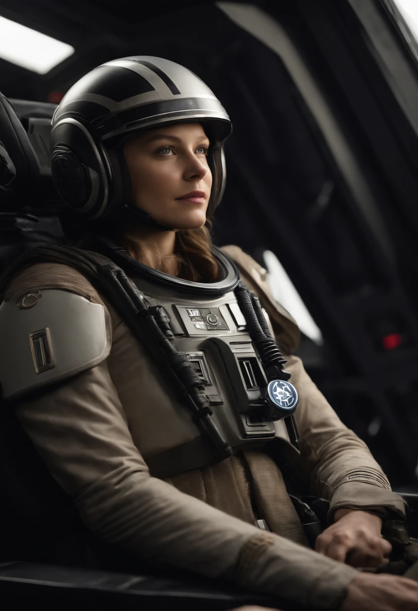 Atriz melissa benoist, olhos azuis, soft and delicate lips, Longos cabelos loiros ondulados, ultrarrealista HD fotorrealista altamente renderizado sorriso perfeito. Black pilot's outfit with the symbol on the shoulder of the galactic empire of the Star Wars universe, Sentada no cockpit.