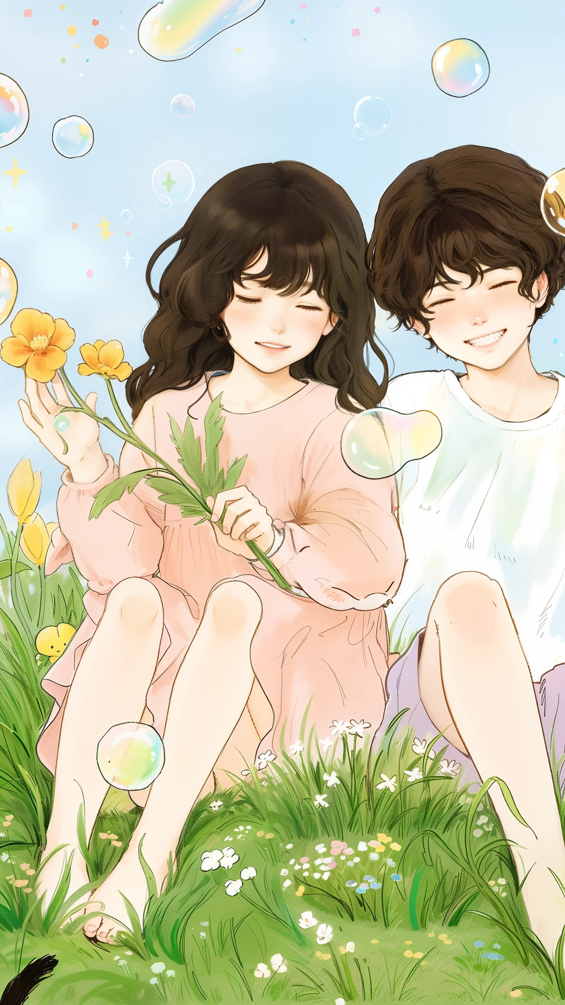 There are two children sitting on the grass,There are bubbles and a cat, author:Nobusada Yanagawa, author:Nanmi Morikage, author:Miu Komatsu, author:Middle Bokuhn, author:Kikukawa Sakaeyama, conrad roset and makoto shinkai, author:Tessei Tomioka, Soft anime illustration, on a grassy field, dreamlike illustration
