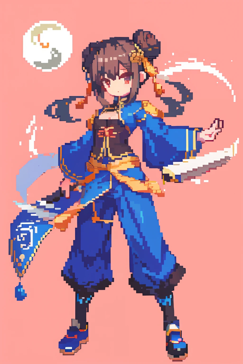 （tmasterpiece，top Quority，best qualtiy），pix，pixelart，teens girl，Positive spirit，Face value，Taoist, Brown hair, black long sword,Tai Chi pattern，Two hair buns，Yin and Yang Taoist，blue hairs，Cloth shoes,jaqueta com capuz, chill out, It has a refined pixel style，It belongs to the game character design，The background color quality is relatively high，There are draft designs on the front and sides of the drawing