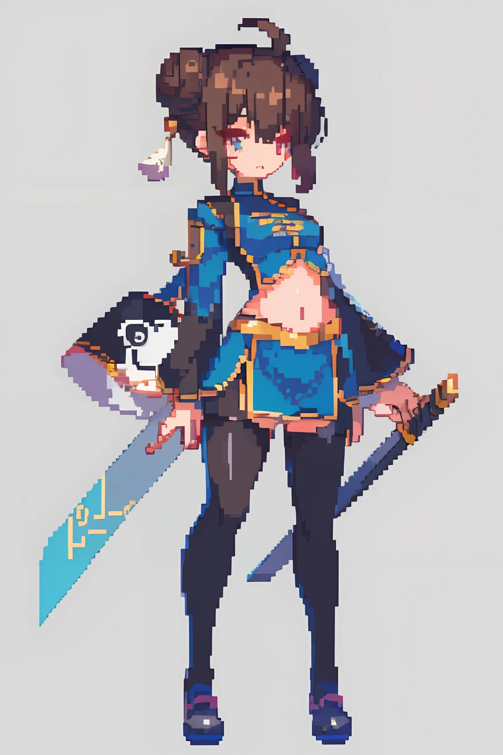 （tmasterpiece，top Quority，best qualtiy），pix，pixelart，teens girl，Positive spirit，Face value，Taoist, Brown hair, black long sword,Tai Chi pattern，Two hair buns，Yin and Yang Taoist，blue hairs，Cloth shoes,jaqueta com capuz, chill out, It has a refined pixel style，It belongs to the game character design，The background color quality is relatively high，There are draft designs on the front and sides of the drawing