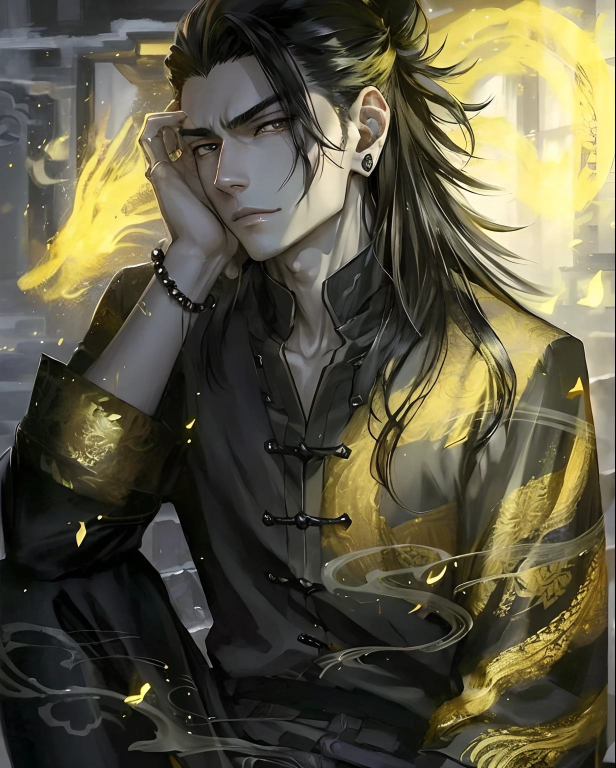 a close up of a person sitting on a bench with a fire in the background, handsome guy in demon slayer art, beautiful androgynous prince, with glowing yellow eyes, handsome japanese demon boy, anime tribal boy with long hair, beautiful avatar pictures, delicate androgynous prince, with his long black hair, handsome anime pose, anime handsome man