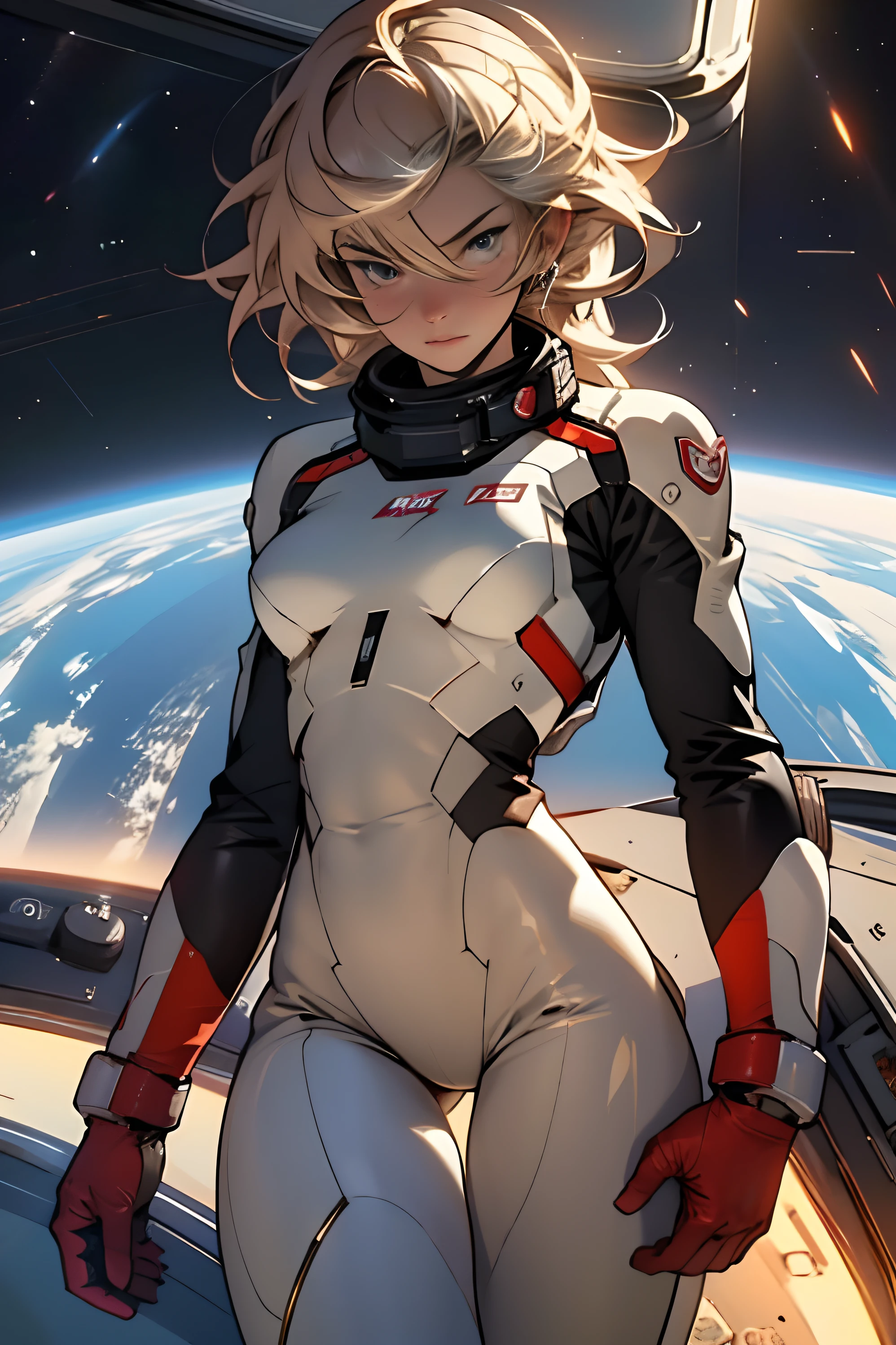 sandy hair fit body large breasts slender thighs slender waist pilot suit solo looking at viewer in space long hair blushing determination, 8k, extreme detail,