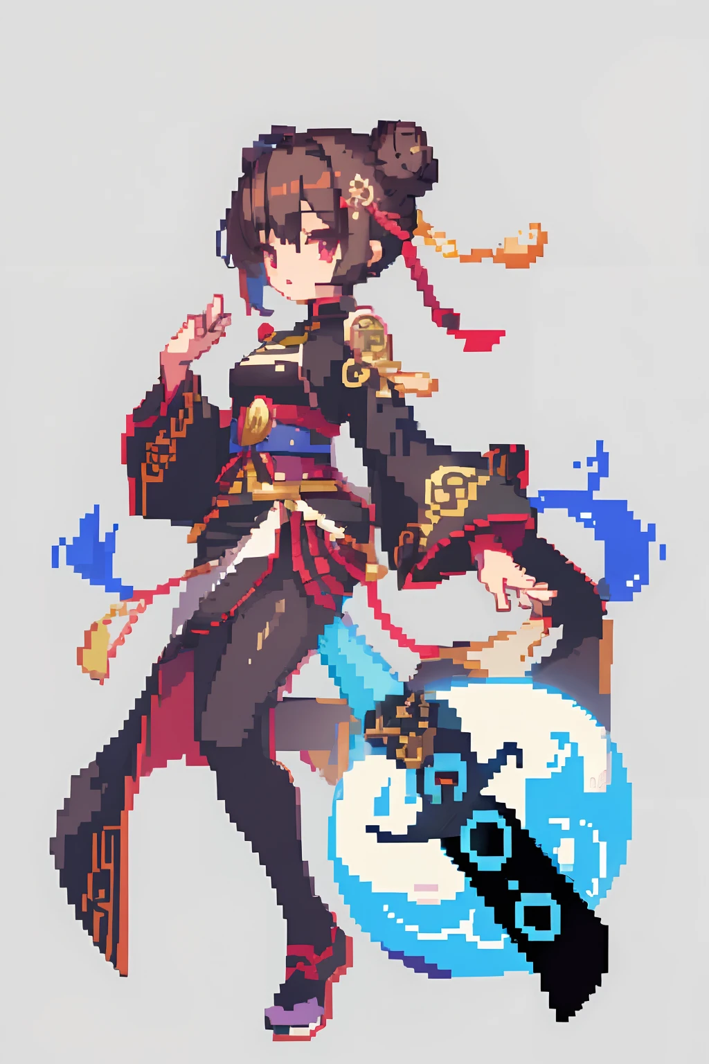 （tmasterpiece，top Quority，best qualtiy），pix，pixelart，teens girl，Positive spirit，Face value，Taoist, Brown hair, black long sword,Tai Chi pattern，Two hair buns，Yin and Yang Taoist，blue hairs，Cloth shoes,jaqueta com capuz, chill out, It has a refined pixel style，It belongs to the game character design，The background color quality is relatively high，There are draft designs on the front and sides of the drawing