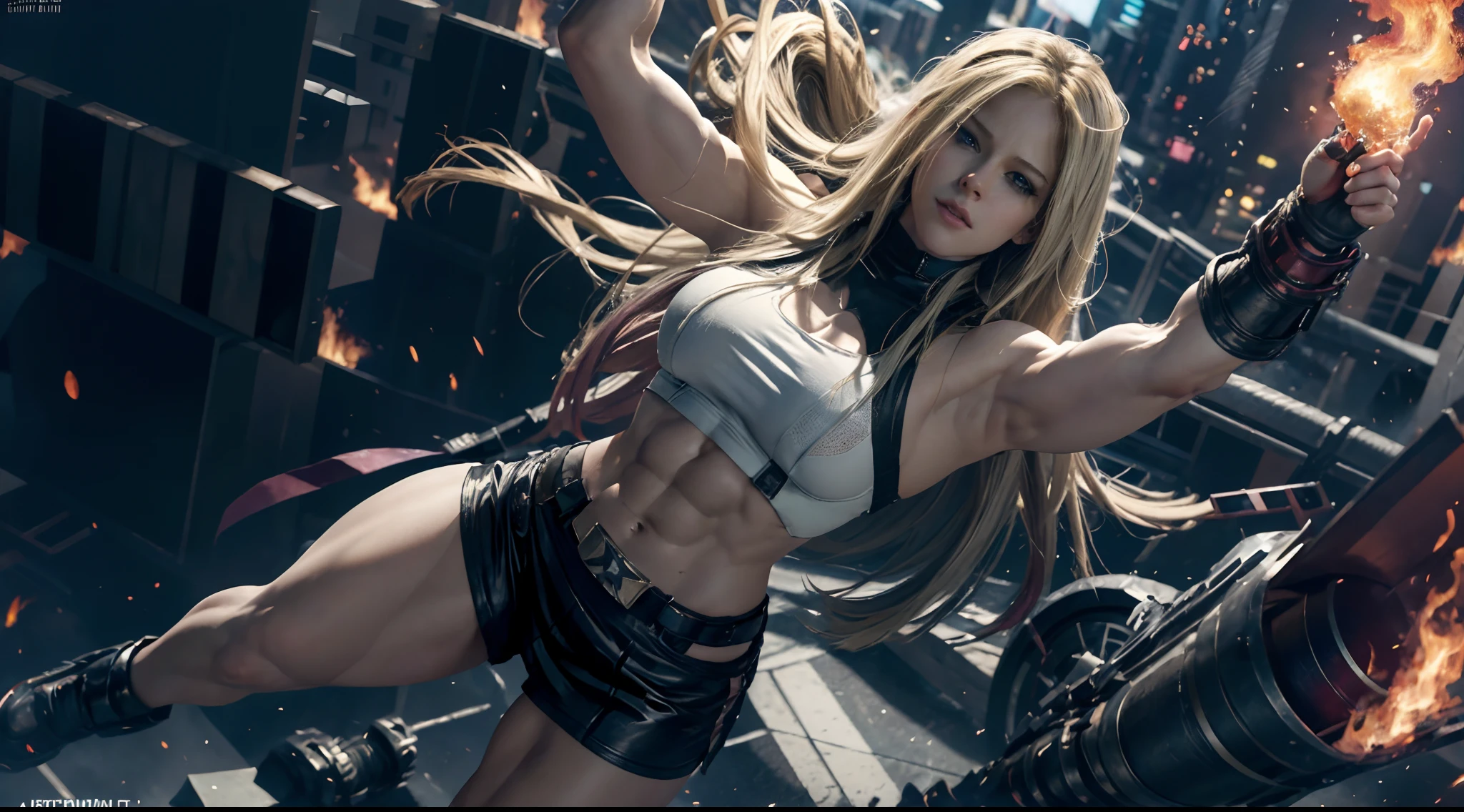 hyperrealistic, 8k definition, masterpiece, very detailed, 24yr old (Avril Lavigne:1) with huge muscles flying thru the sky (like Xmen Rogue) over a modern city, wearing white tight sports top and miniskirt , holding fire in her hand, fire hair, dressed like Xmen Rogue, perfect body, showing abs and legs, (hyperrealistic portrait, big depth of field, colors, polycount), concept art, wide shot, full body in the picture