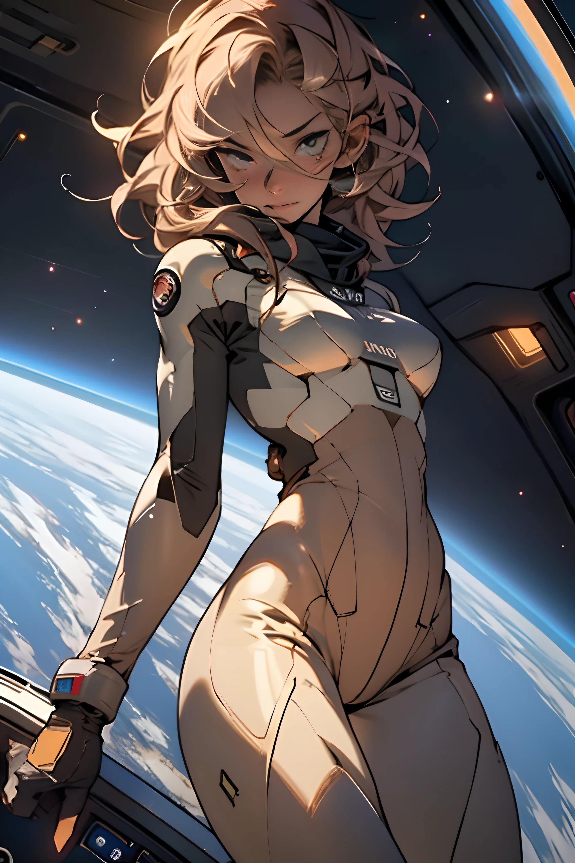 sandy hair fit body large breasts slender thighs slender waist pilot suit solo looking at viewer in space long hair blushing determination, 8k, extreme detail,