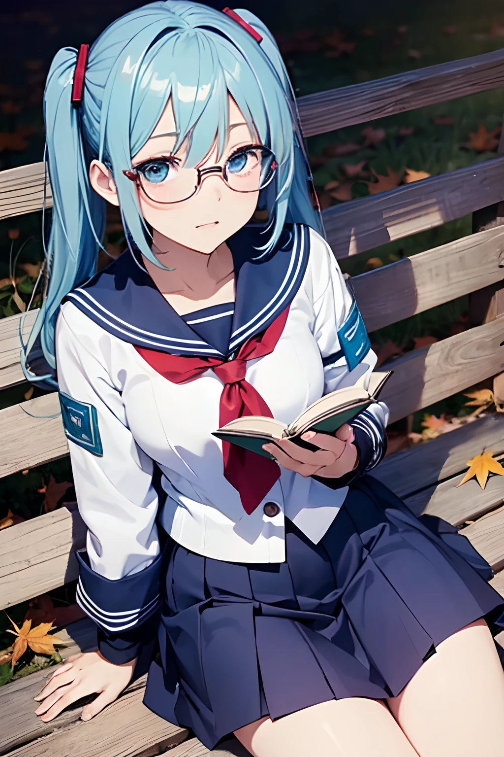 Cross-eyed、Drunk、Turned、( Silly / Sexual ecstasy)、Turned、eye glass、top-quality, Photorealistic, An ultra-fine illustrations, beautiful attractive anime girl, miku hatsune, Slender body, Tied hair, one girls, a photo of girl, Full body shot, Beautiful blue eyes, Turned, (masutepiece, of the highest quality, Best Quality, Official art, Beautiful and aesthetic:1.2), 1 girl, Autumn, Sailor Suit, Navy pleated skirt, uniform, Park, Sitting on a bench, Reading, Detailed background
