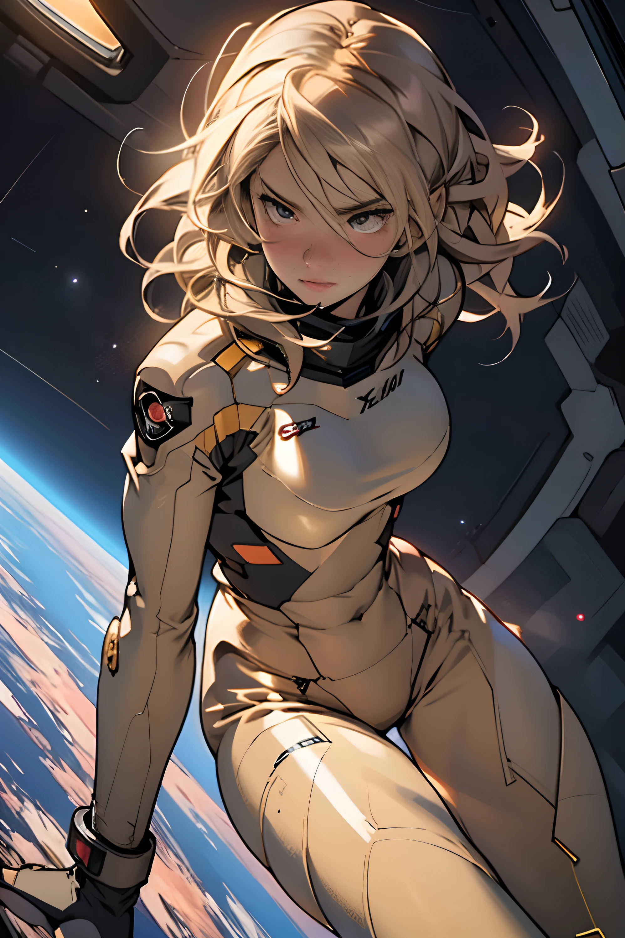 sandy hair fit body large breasts slender thighs slender waist pilot suit solo looking at viewer in space long hair blushing determination, 8k, extreme detail,