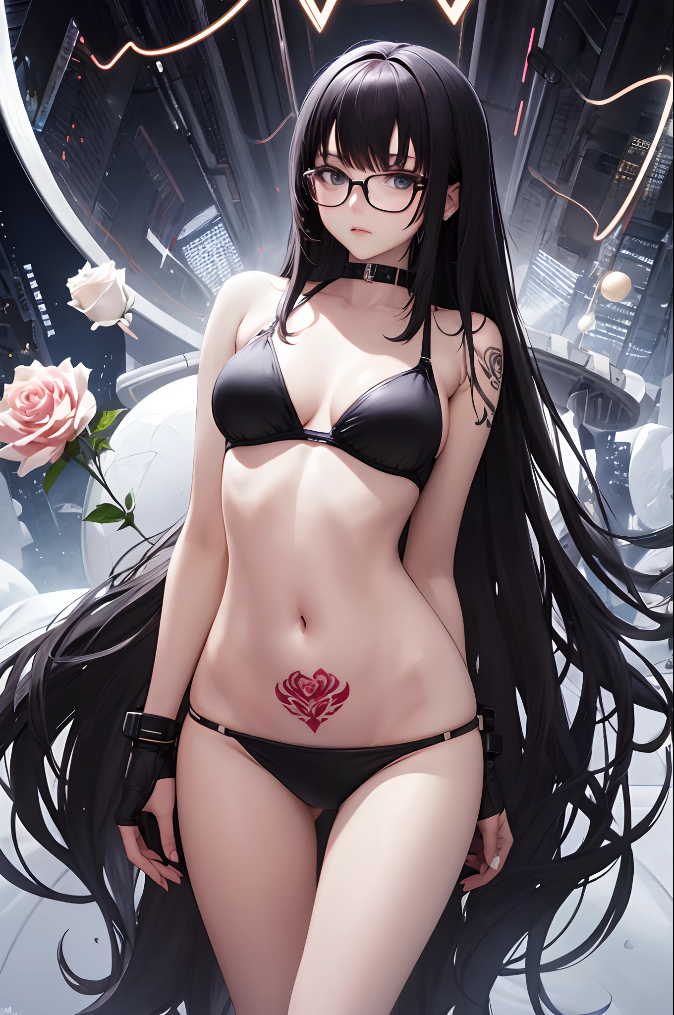 Cyber World cyberpunked 1人の女性 Hacking Long black hair C Cup A slender Too much skin exposure The bikini Black-rimmed glasses Tattoo of a rose on the right arm open one's legs