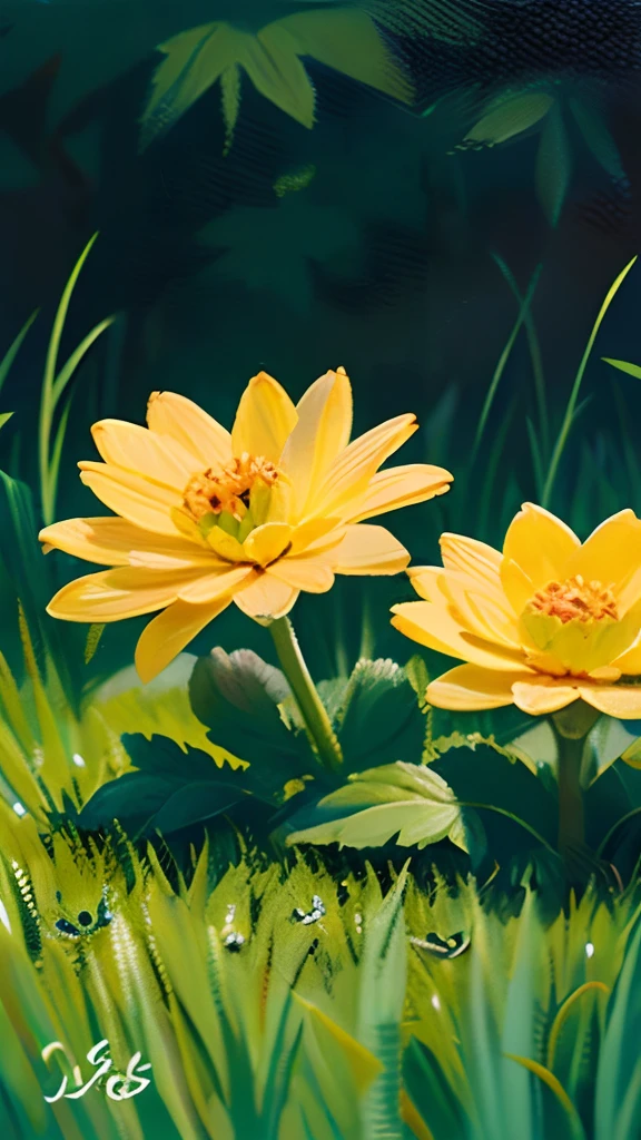Small chrysanthemums in the grass,(((oil painted))),Acrylic paint