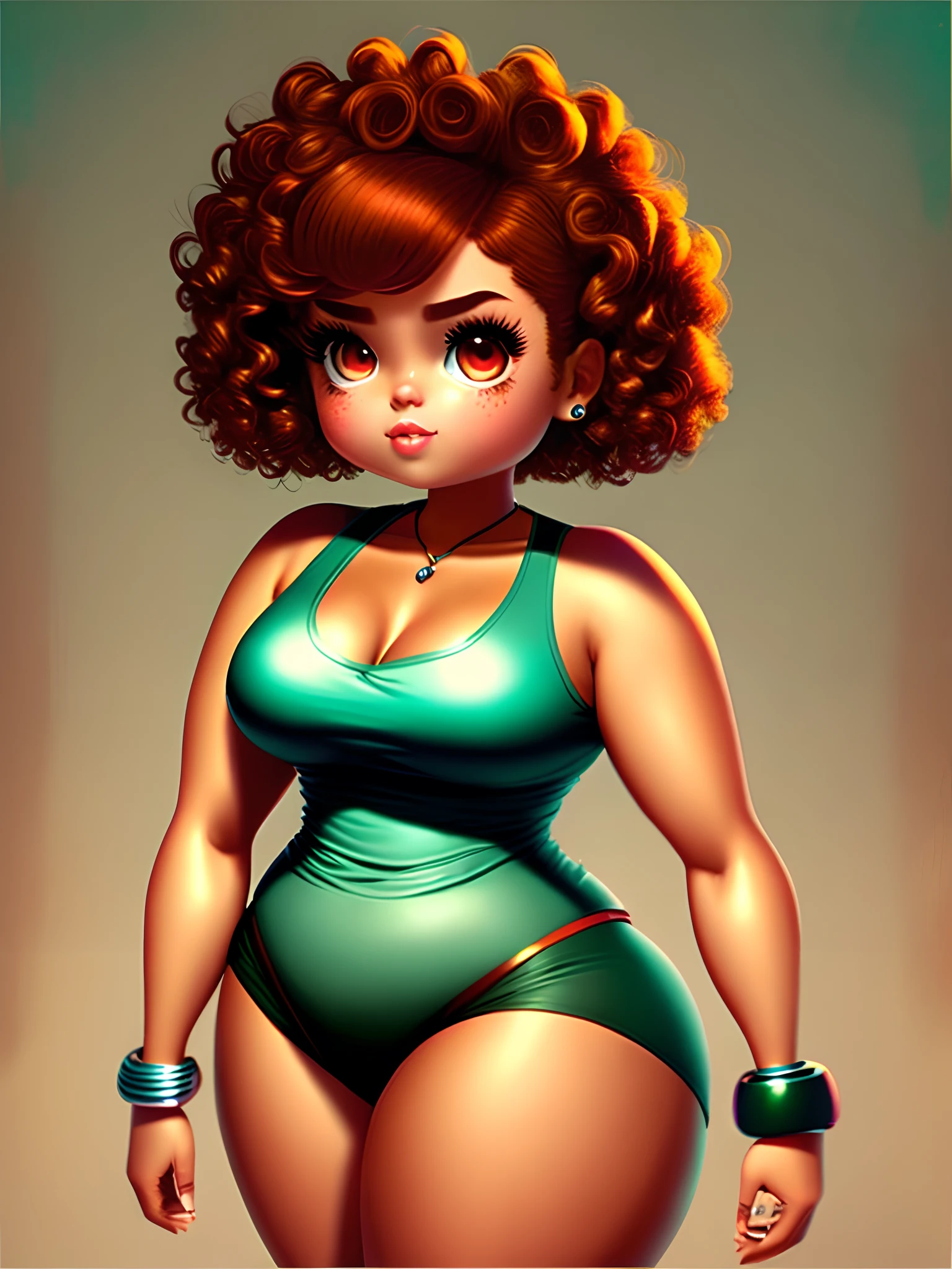 Powerpuff cartoon character with short curly burgundy hair, brown eyes, tan skin and a curvy body