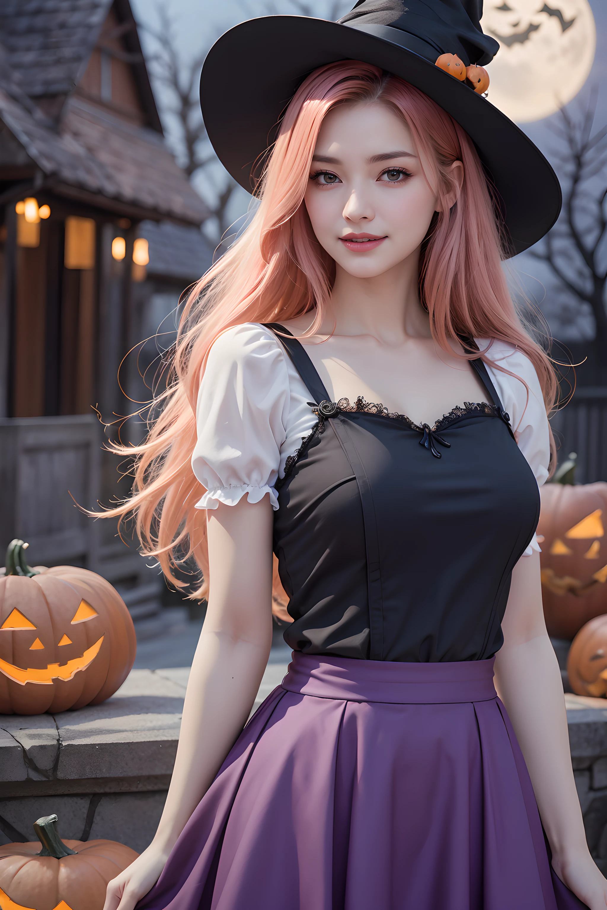 (Halloween theme:1.5), (fantasy:1.5), upper body portrait of a tall very busty beautiful women wearing halloween witch costume, skin tight full lacy ultra detailed embroidery Dirndl, (fusion of orange Dirndl and satin aodai:1.2), (purple skirt:1.3), BREAK, ((;D1.3, evil smile:1.2)), perfect face,perfect eyes,HD details,high details,sharp focus,studio photo,HD makeup,shimmery makeup,celebrity makeup,(( centered image)) (HD render)Studio portrait,magic, magical, fantasy,(huge breast)(large breast), halloween house, jack-o' challenge, pink hair, halloween background, bright pumpkin, (arms down),(arms behind),(moon light:1.3),