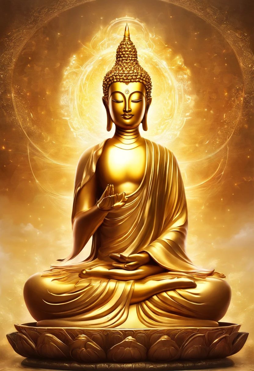 Golden Buddha statue with the halo of the sun god，golden colored，Golden background,