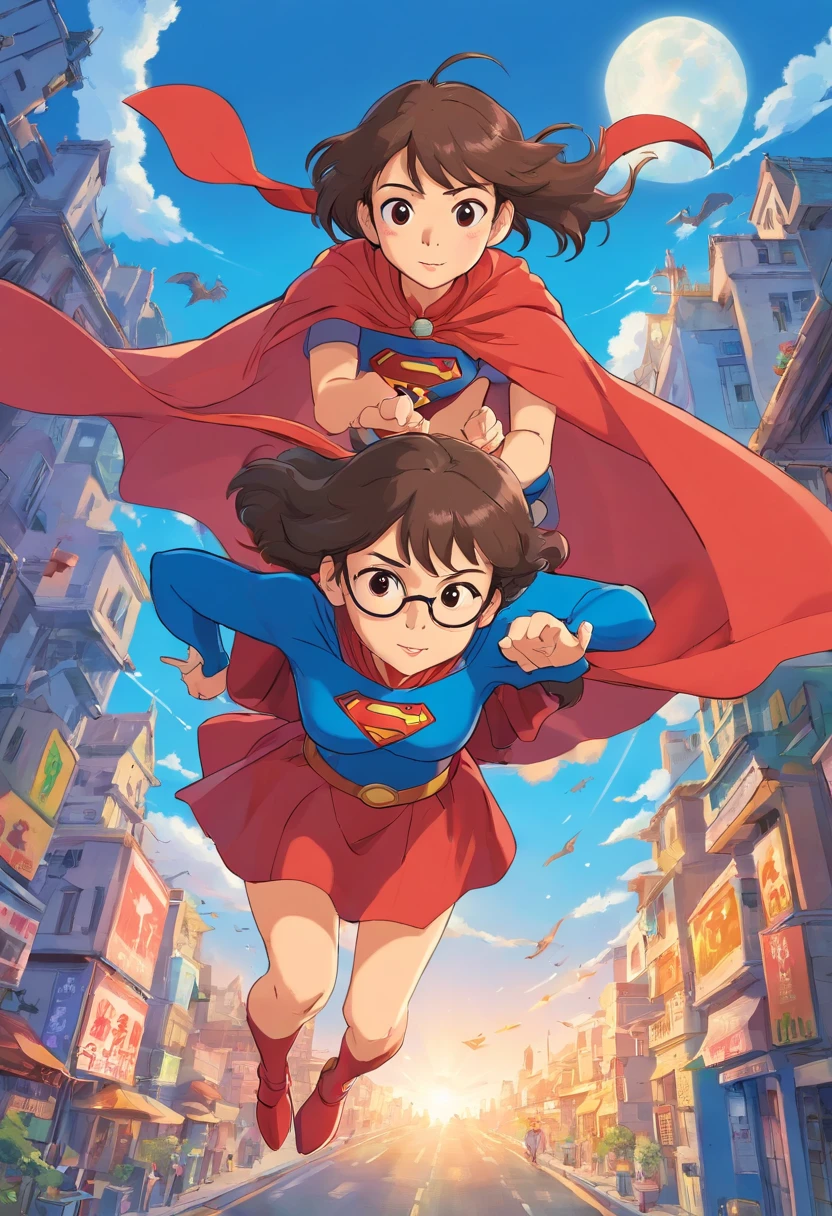 a cartoon illustration of a woman and a little daughter on her back flying in a superhero costume, super-hero girl, supergirl, super powers, super heroes, super power, super merge, superheroes, super hero, superhero, superpowers, super model, next gen, superhero portrait, super hero art, super heroine costume, super rich, super strong, dc comics art style, hero