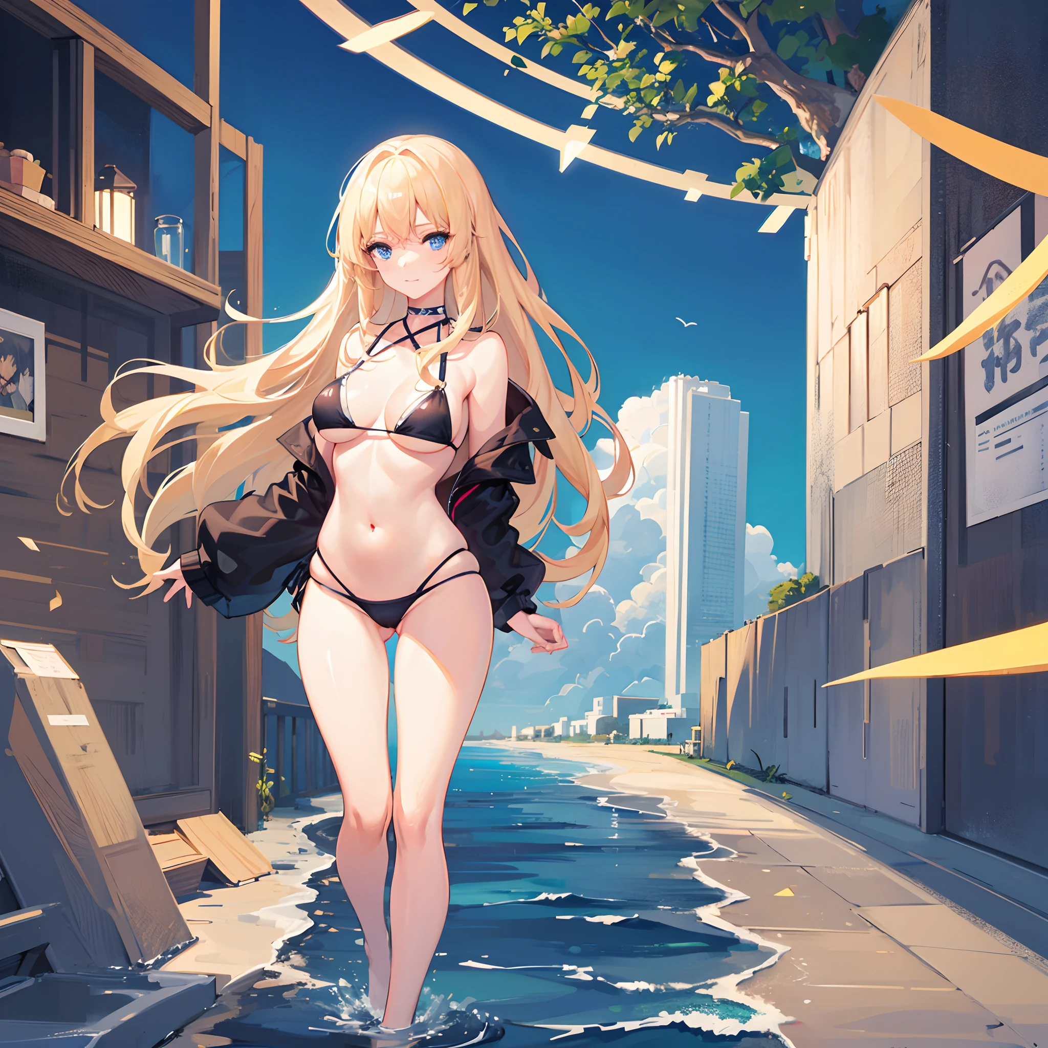 Woman with blonde hair, Blue Eyes, fine body. She walked on a white beach in a black bikini with her slightly smiling face..