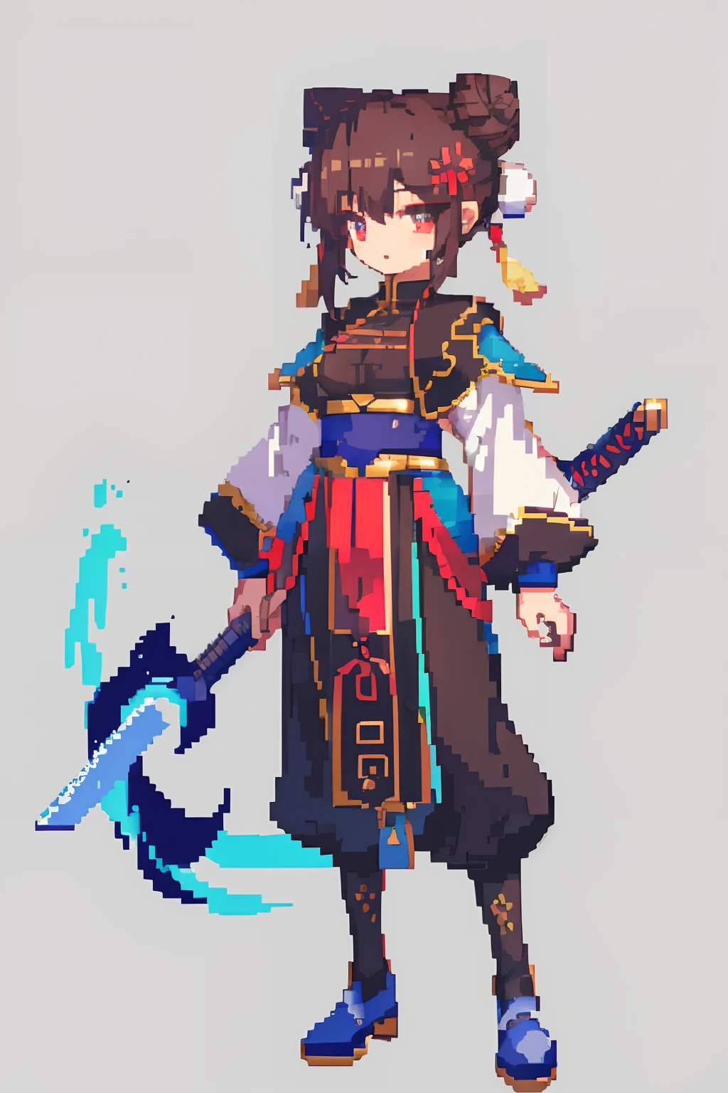 （tmasterpiece，top Quority，best qualtiy），pix，pixelart，teens girl，Positive spirit，Face value，Taoist, Brown hair, black long sword,Tai Chi pattern，Two hair buns，Yin and Yang Taoist，blue hairs，Cloth shoes,jaqueta com capuz, chill out, It has a refined pixel style，It belongs to the game character design，The background color quality is relatively high，There are draft designs on the front and sides of the drawing