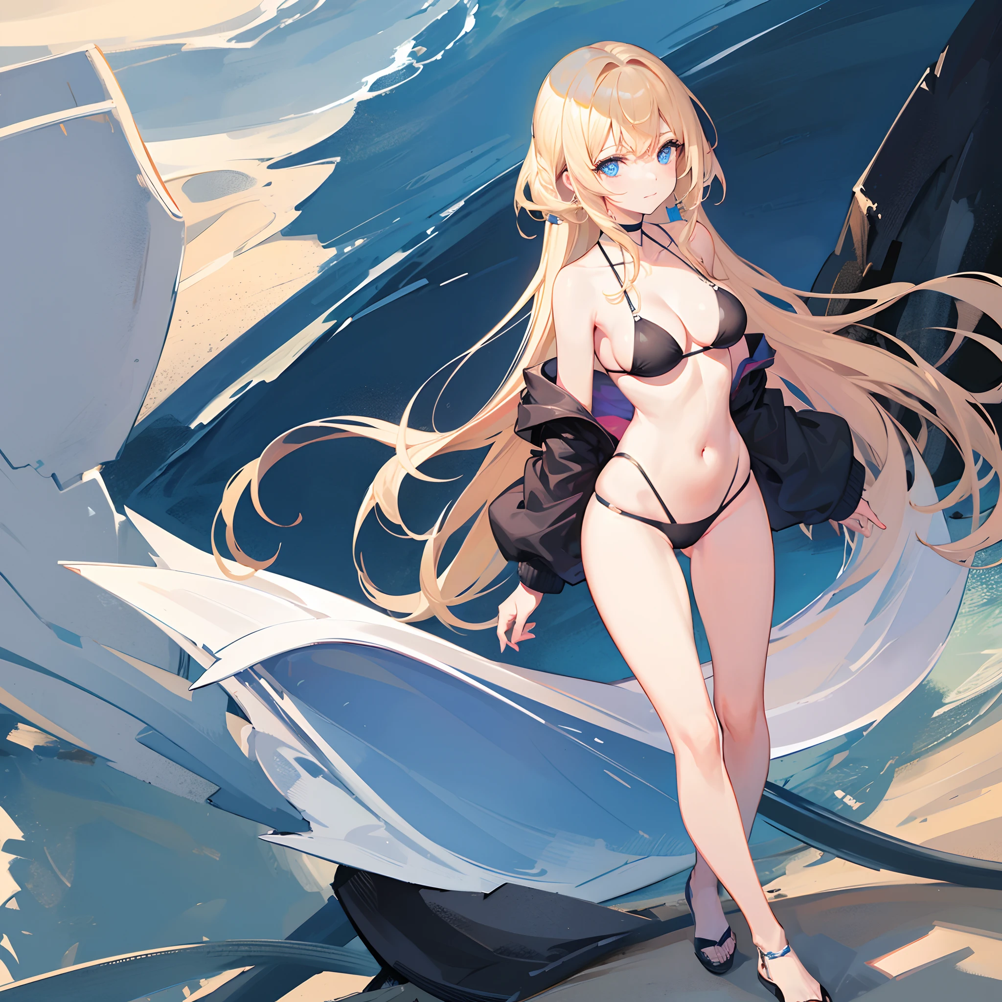 Woman with blonde hair, Blue Eyes, fine body. She walked on a white beach in a black bikini with her slightly smiling face..