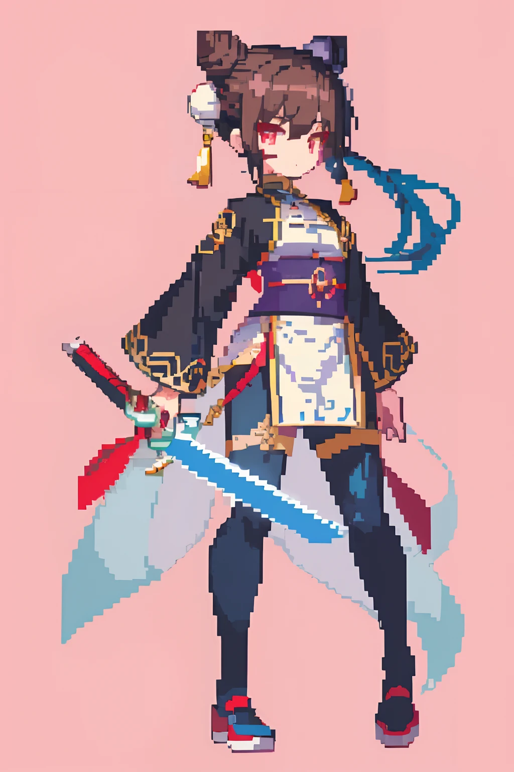 （tmasterpiece，top Quority，best qualtiy），pix，pixelart，teens girl，Positive spirit，Face value，Taoist, Brown hair, black long sword,Tai Chi pattern，Two hair buns，Yin and Yang Taoist，blue hairs，Cloth shoes,jaqueta com capuz, chill out, It has a refined pixel style，It belongs to the game character design，The background color quality is relatively high，There are draft designs on the front and sides of the drawing