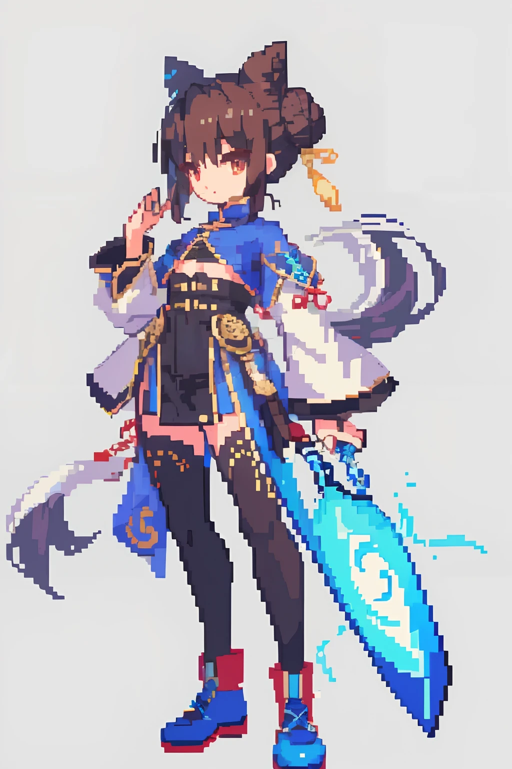 （tmasterpiece，top Quority，best qualtiy），pix，pixelart，teens girl，Positive spirit，Face value，Taoist, Brown hair, black long sword,Tai Chi pattern，Two hair buns，Yin and Yang Taoist，blue hairs，Cloth shoes,jaqueta com capuz, chill out, It has a refined pixel style，It belongs to the game character design，The background color quality is relatively high，There are draft designs on the front and sides of the drawing