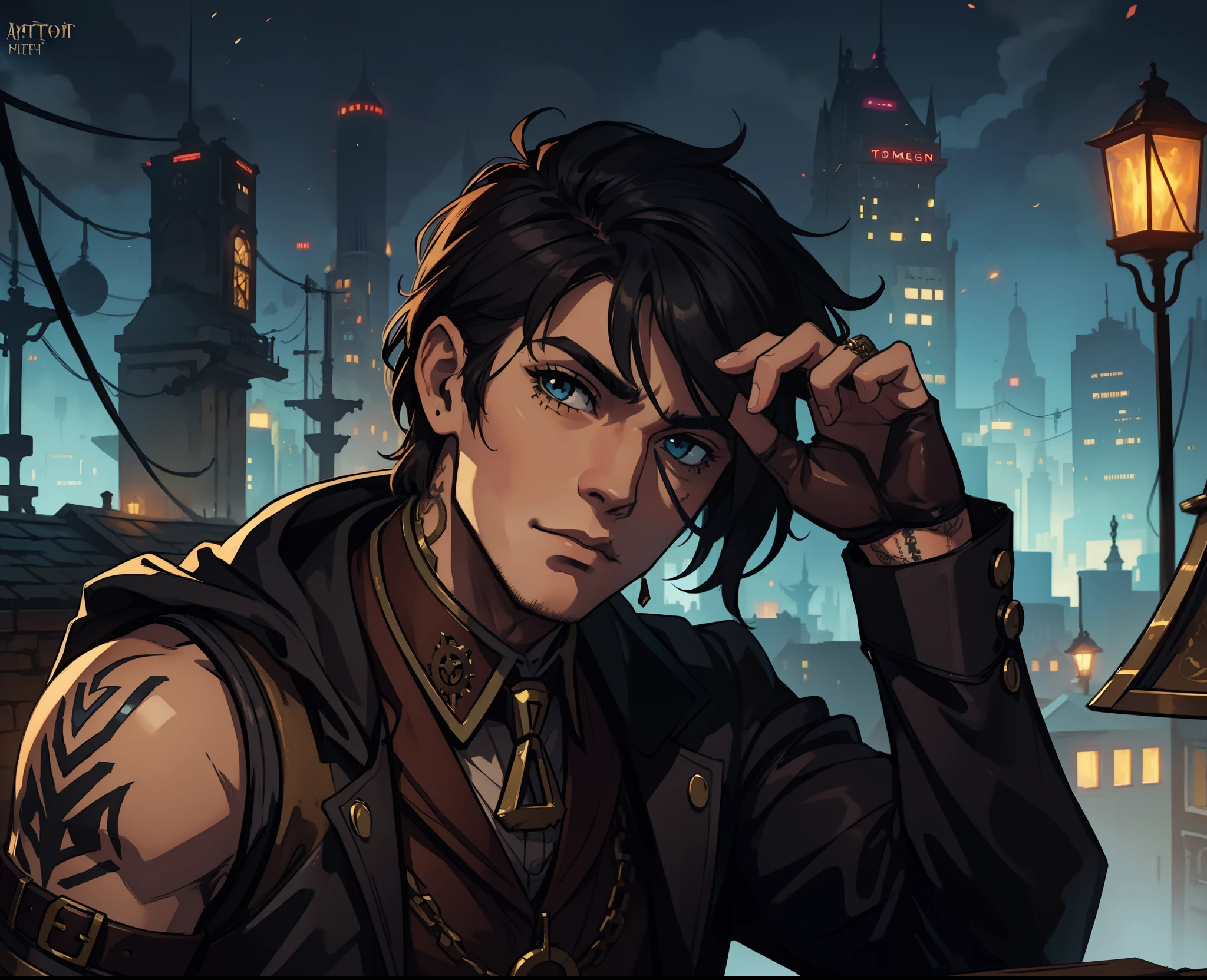 1 homem lindo com tattuagem Steampunk, An art for an RPG A non-human nocturnal city background