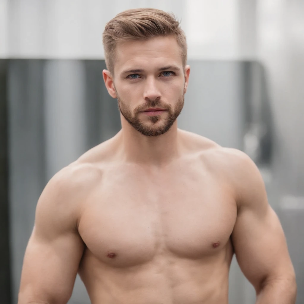 Ein Mann mit maskuliner Miene, durchdringende blaue Augen, und ein fesselnder Blick. He doesn't wear a shirt, Tragen eines Polizeigeschirrs aus Leder, He shows off his athletic and sexy body. Seine stilvoll kurze, blonde Haare und gepflegt, Short beard adds to its seductive appearance. Mit engelsgleichem Gesicht, Er ist ein unwiderstehlicher Anblick. Glatze, Bart, braune Augen, southern, business look