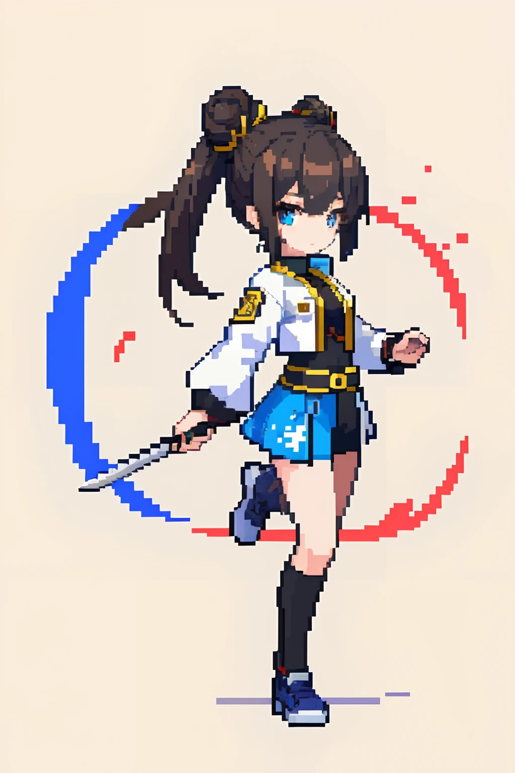 （tmasterpiece，top Quority，best qualtiy），pix，pixelart，teens girl，Positive spirit，Face value，Taoist, Brown hair, black long sword,Tai Chi pattern，Two hair buns，Yin and Yang Taoist，blue hairs，Cloth shoes,jaqueta com capuz, chill out, It has a refined pixel style，It belongs to the game character design，The background color quality is relatively high，There are draft designs on the front and sides of the drawing