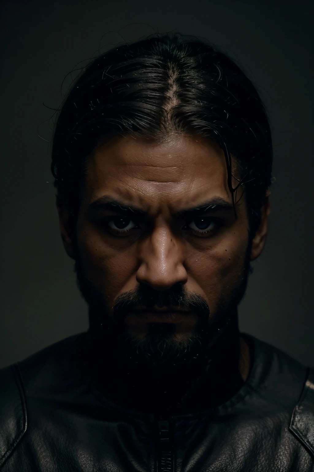 Por favor, crie uma imagem de um homen de 36 anos intimidador que desencoraje os inimigos. It should convey a sense of strength and menace. You can include elements such as dark colors, olhos penetrantes, cicatrizes e qualquer outro detalhe que torne o avatar assustador.