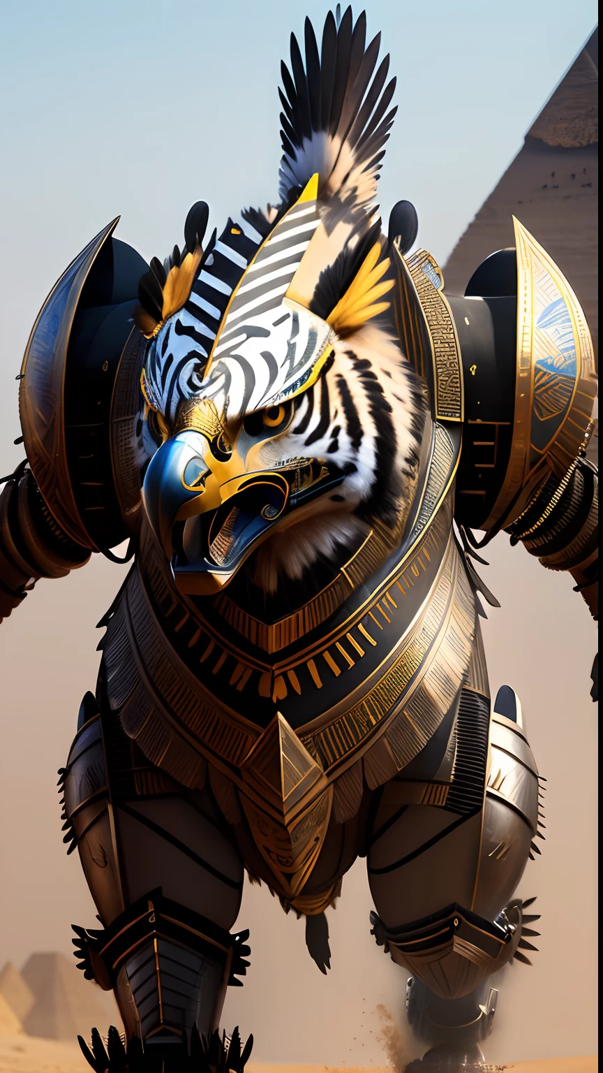 Animalrizz (( hawk )) 10, masterpiece, highres, Absurd,photorealistic portrait, Parley_armature,Egypt,Pyramids, Cute Robot Tiger,In armor ,Wear Parley_armature, Massive futuristic armor, running, move,
