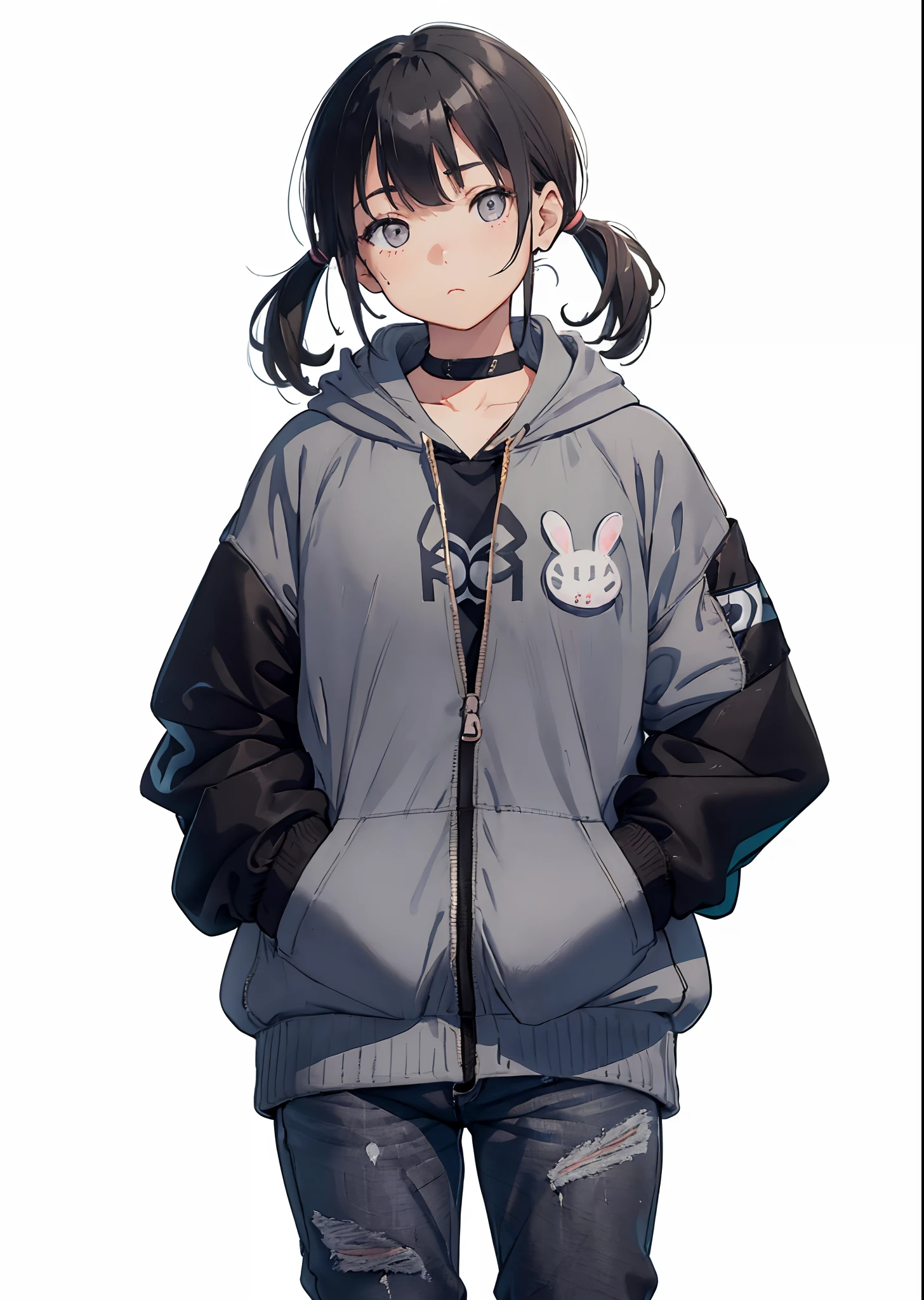 Anime girl in a gray jacket with a rabbit ear - SeaArt AI