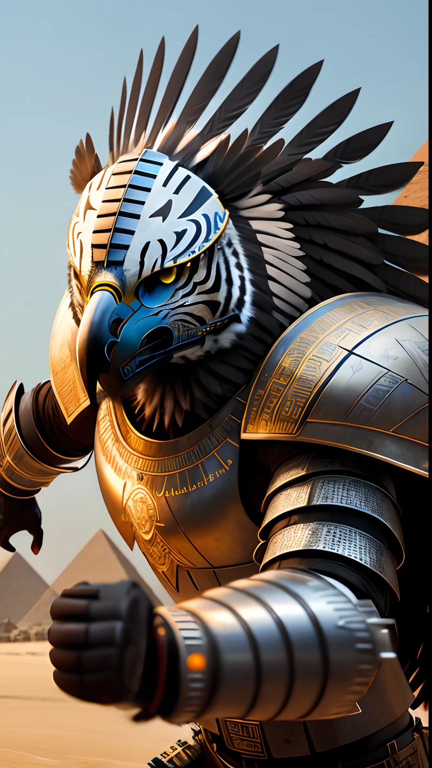 Animalrizz   (( hawk )) 10, masterpiece, highres, Absurd,photorealistic portrait, Parley_armature,Egypt,Pyramids, Cute Robot Tiger,In armor ,Wear Parley_armature, Massive futuristic armor, running, move,