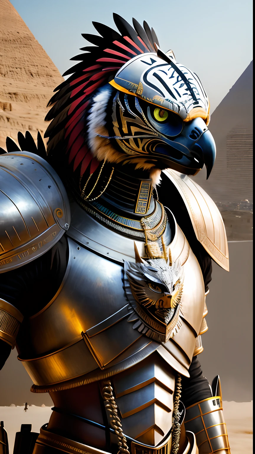 Animalrizz (( hawk )) 10, masterpiece, highres, Absurd,photorealistic portrait, Parley_armature,Egypt,Pyramids, Cute Robot Tiger,In armor ,Wear Parley_armature, Massive futuristic armor, running, move,