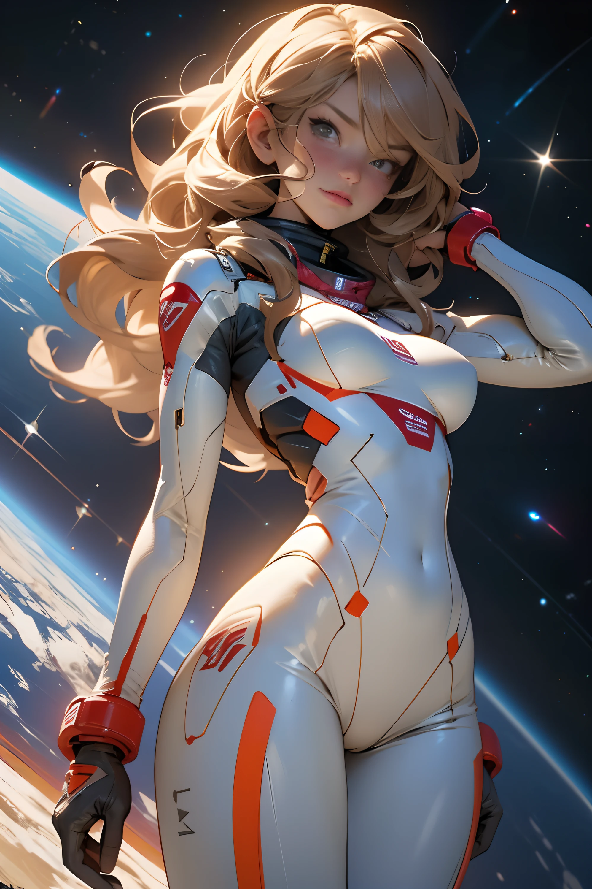 sandy hair fit body large breasts slender thighs slender waist pilot suit solo looking at viewer in space long hair blushing determination, 8k, extreme detail,