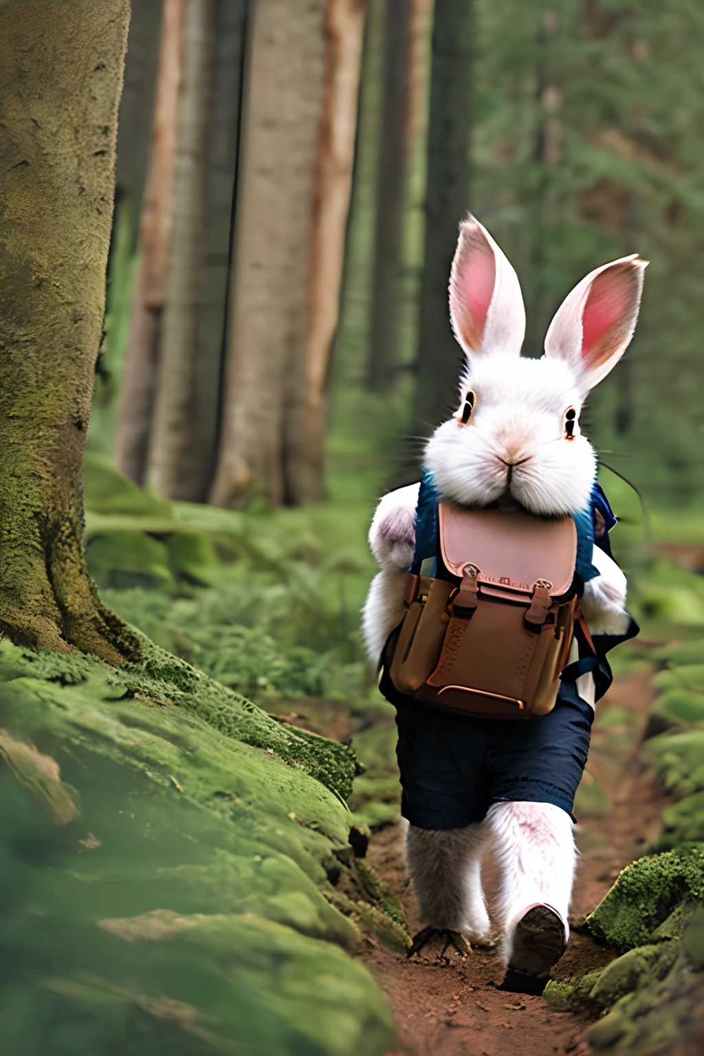 a cute bunny,Watch the map and hike through the forest,Classic negative portrait photo, Fantasy video game character concept art, A cute white fluffy rabbit,((Carrying a small brown leather backpack)),Take a look at the hiking map through the forest, centre, Rule of thirds