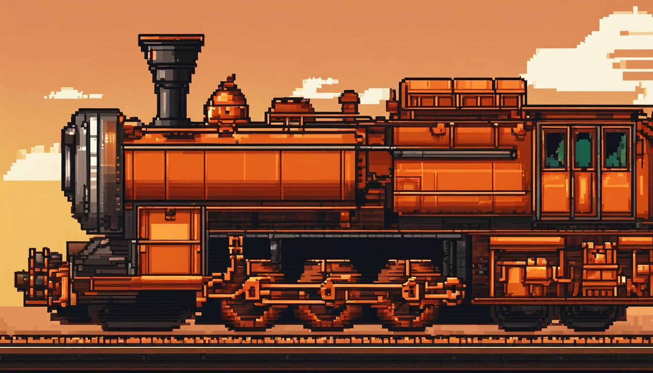 Steam locomotive(There are channels on the sides of the tank/platforms)(Orange hue)(Directly right view) (Retro)