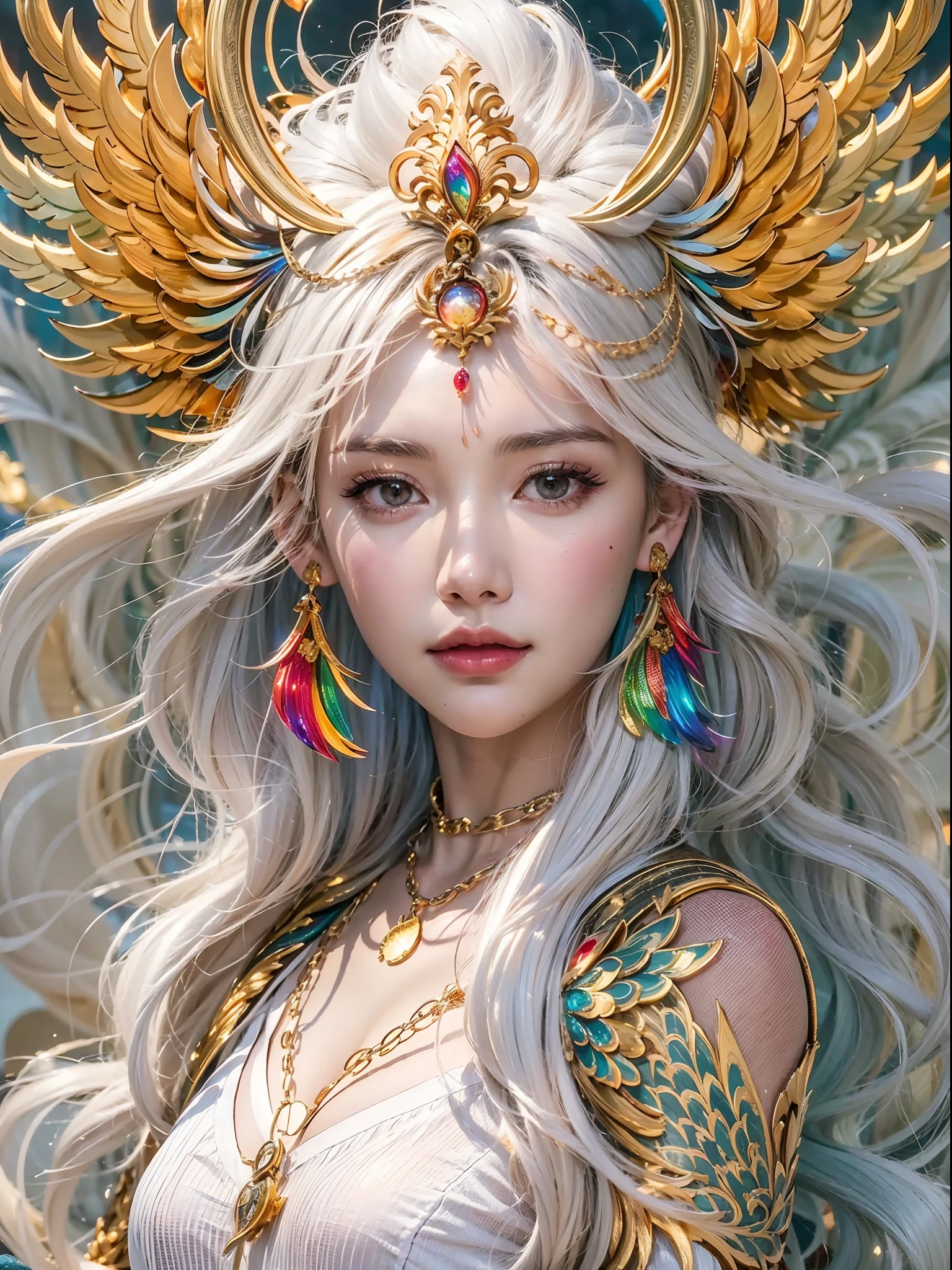 A beautiful girl with a rainbow phoenix, （（The girl wears a plain white robe）），（He wears a delicate gold Chinese crown on his head：1.4），（Gold chain decoration），Perfect facial features，delicated face，long whitr hair, As graceful as a swan, wisdom, mod, Rainbow Phoenix，火焰, wings,The phoenix protects the girl，The background is clouds, Mysterious connection, Aegis, trust，Realistic image quality，photorealestic，8k，best qualtiy，tmasterpiece，movie-level quality，High chiaroscuro，rendering by octane，Clothes decorated with gold dark patterns