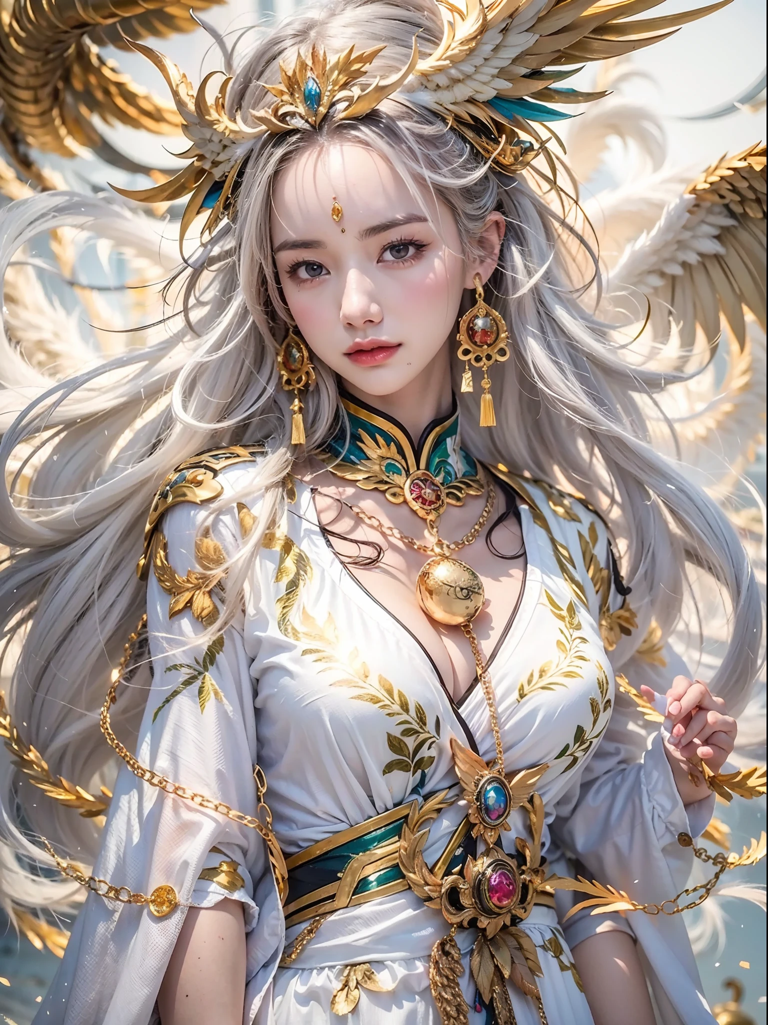 A beautiful girl with a rainbow phoenix, ((The girl wears a plain white robe)),(He wears a delicate gold Chinese crown on his head:1.4),(Gold chain decoration),Perfect facial features,delicated face,long whitr hair, As graceful as a swan, wisdom, mod, Rainbow Phoenix,火焰, wings,The phoenix protects the girl,The background is clouds, Mysterious connection, Aegis, trust,Realistic image quality,photorealestic,8k,best qualtiy,tmasterpiece,movie-level quality,High chiaroscuro,rendering by octane,Clothes decorated with gold dark patterns