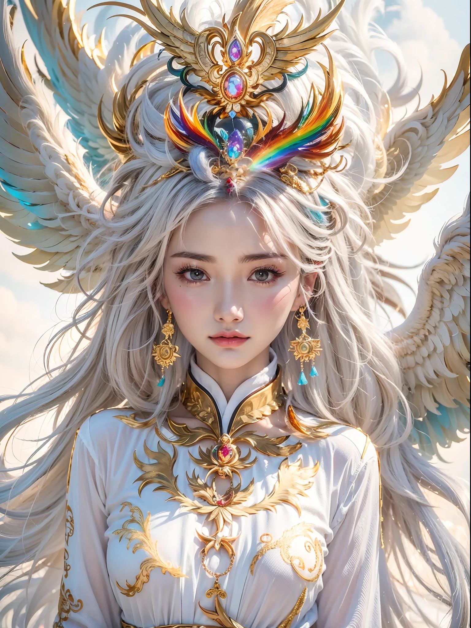 A beautiful girl with a rainbow phoenix, （（The girl wears a plain white robe）），（He wears a delicate gold Chinese crown on his head：1.4），（Gold chain decoration），Perfect facial features，delicated face，long whitr hair, As graceful as a swan, wisdom, mod, Rainbow Phoenix，火焰, wings,The phoenix protects the girl，The background is clouds, Mysterious connection, Aegis, trust，Realistic image quality，photorealestic，8k，best qualtiy，tmasterpiece，movie-level quality，High chiaroscuro，rendering by octane，Clothes decorated with gold dark patterns