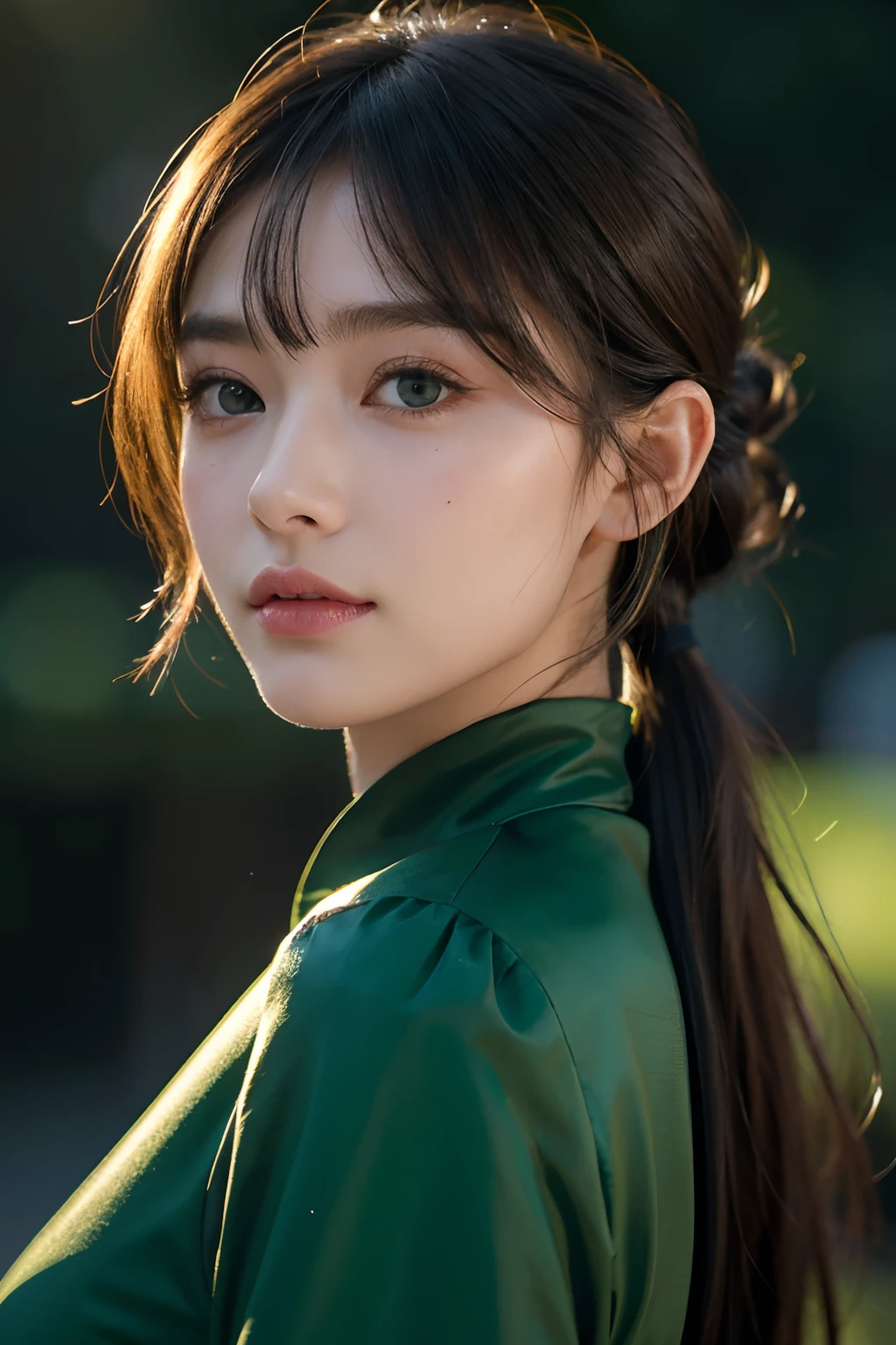 oval jaw, beautiful countenance, long bangs, pony tail, bright green eyes , shinny skin, beautiful countenance, in the dark , in the dark, deep shadow,